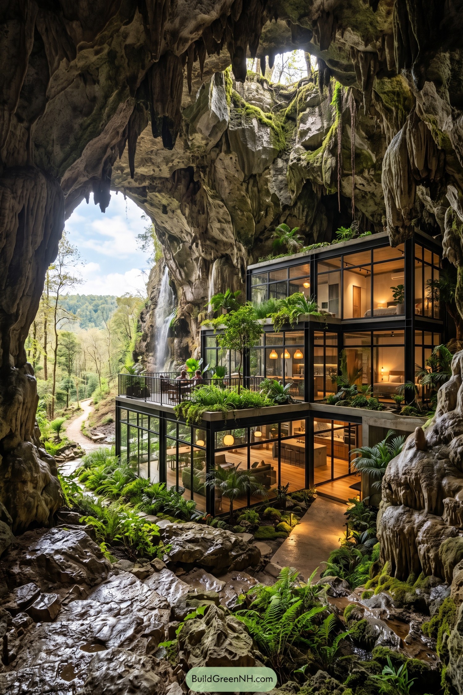 Glass-walled residence beneath a mossy cave waterfall