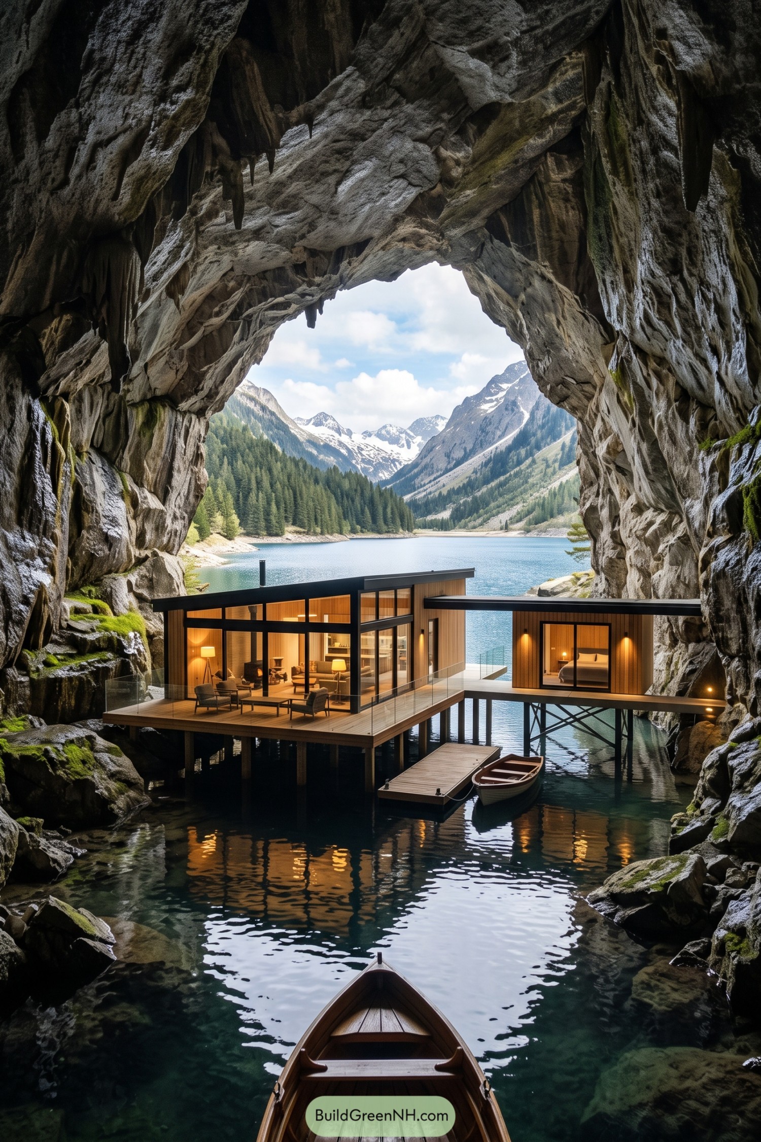 Modern lakehouse nestled beneath a vast alpine cave