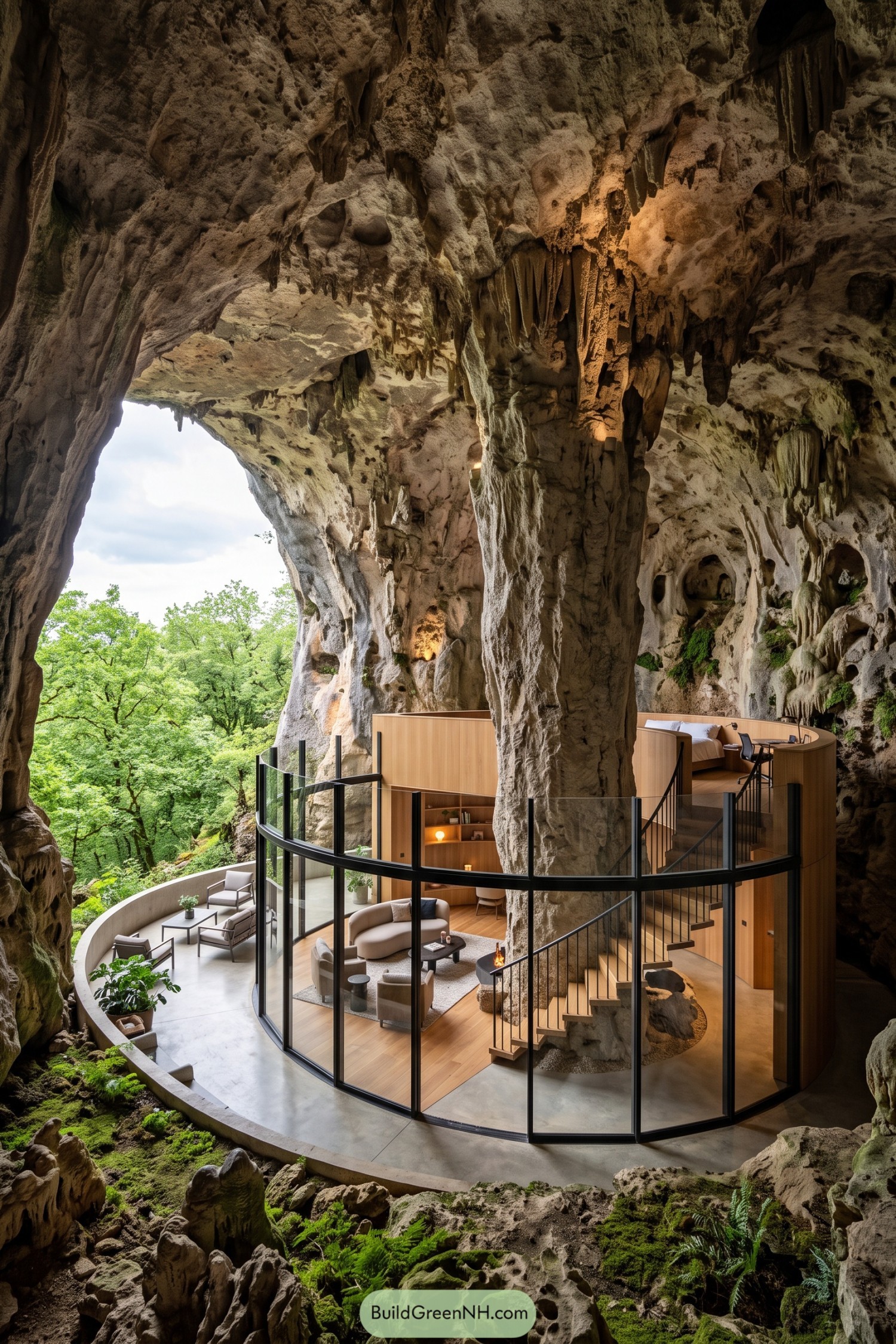 Glass-wrapped cave home beneath limestone formations overlooking forest