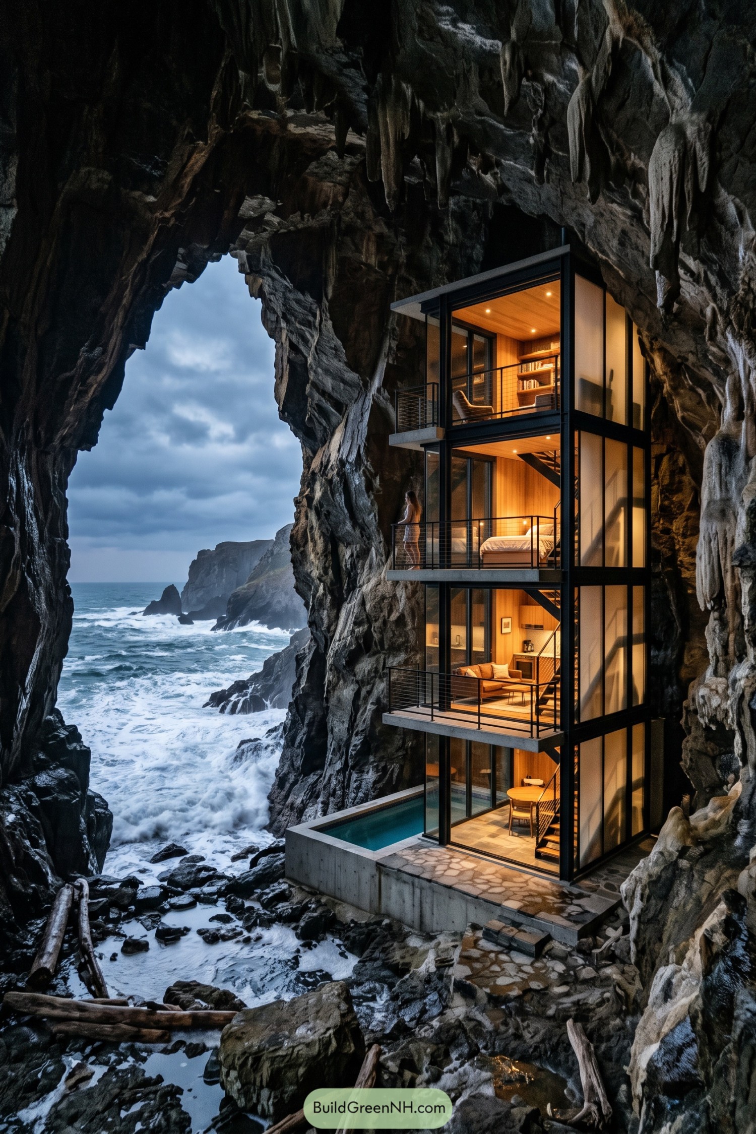Glass-fronted coastal retreat set inside a sea cave
