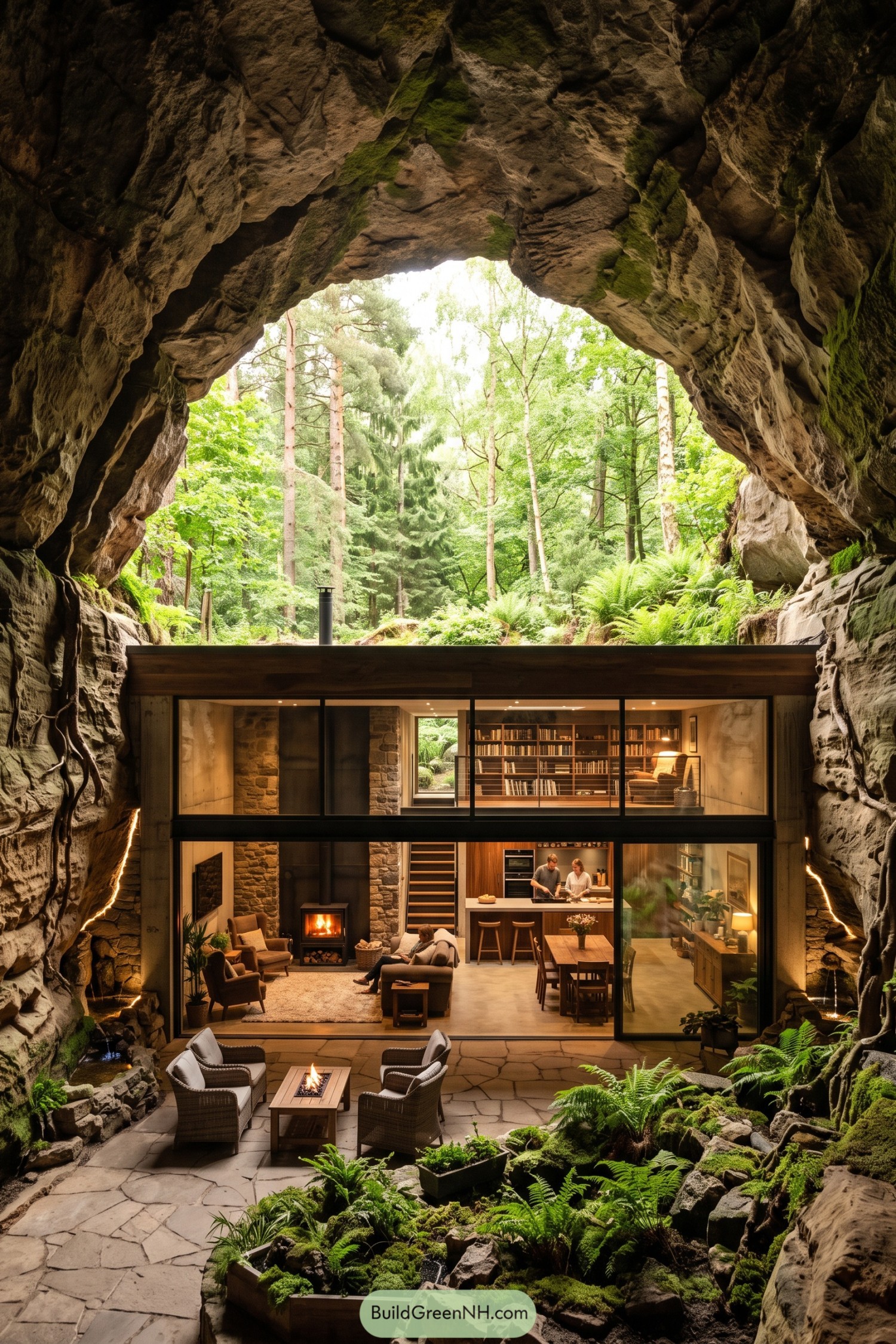 Glass-fronted home beneath a mossy forest cave