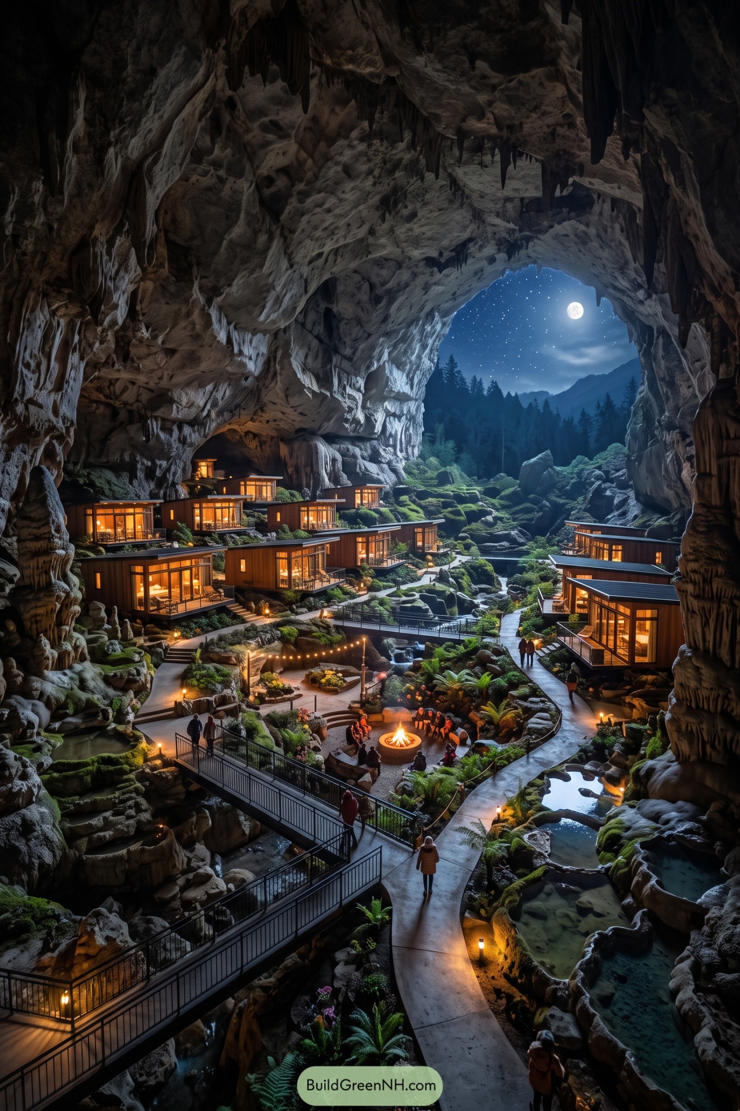 Wooden glass cabins nestled inside a vast moonlit cave