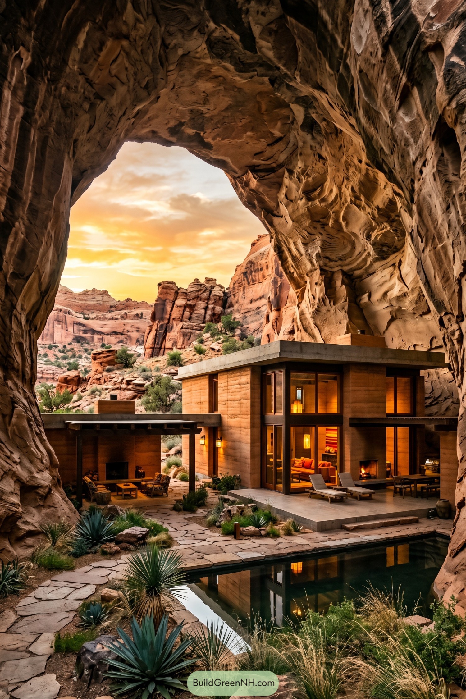 Modern desert home beneath a sandstone cavern with reflecting pool