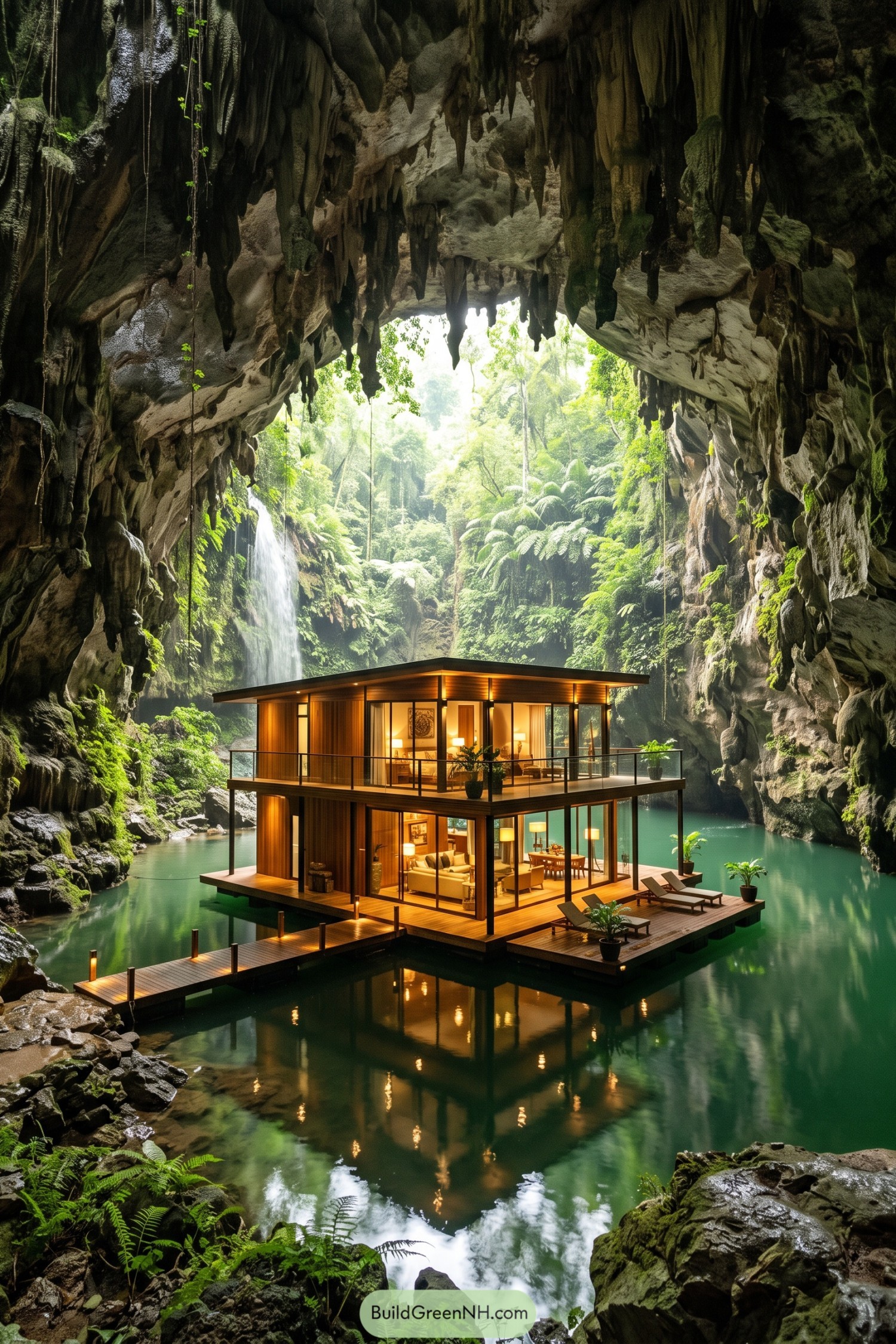 Glass and timber house floating in a lush cave lagoon