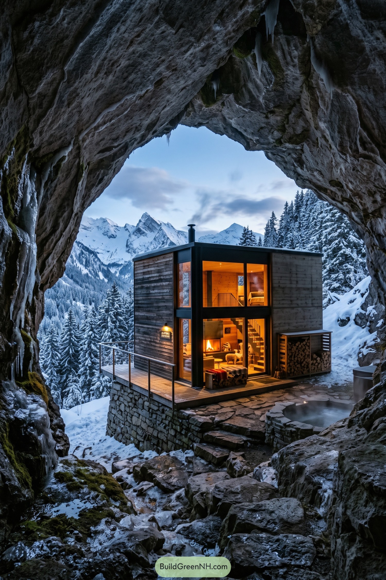 Timber cabin beneath an icy rock overhang facing snowy peaks