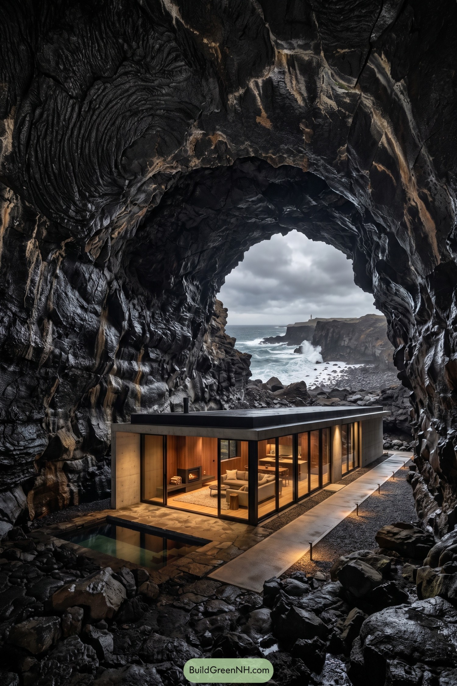 Glass-walled retreat nestled inside a black coastal cavern overlooking rough ocean cliffs