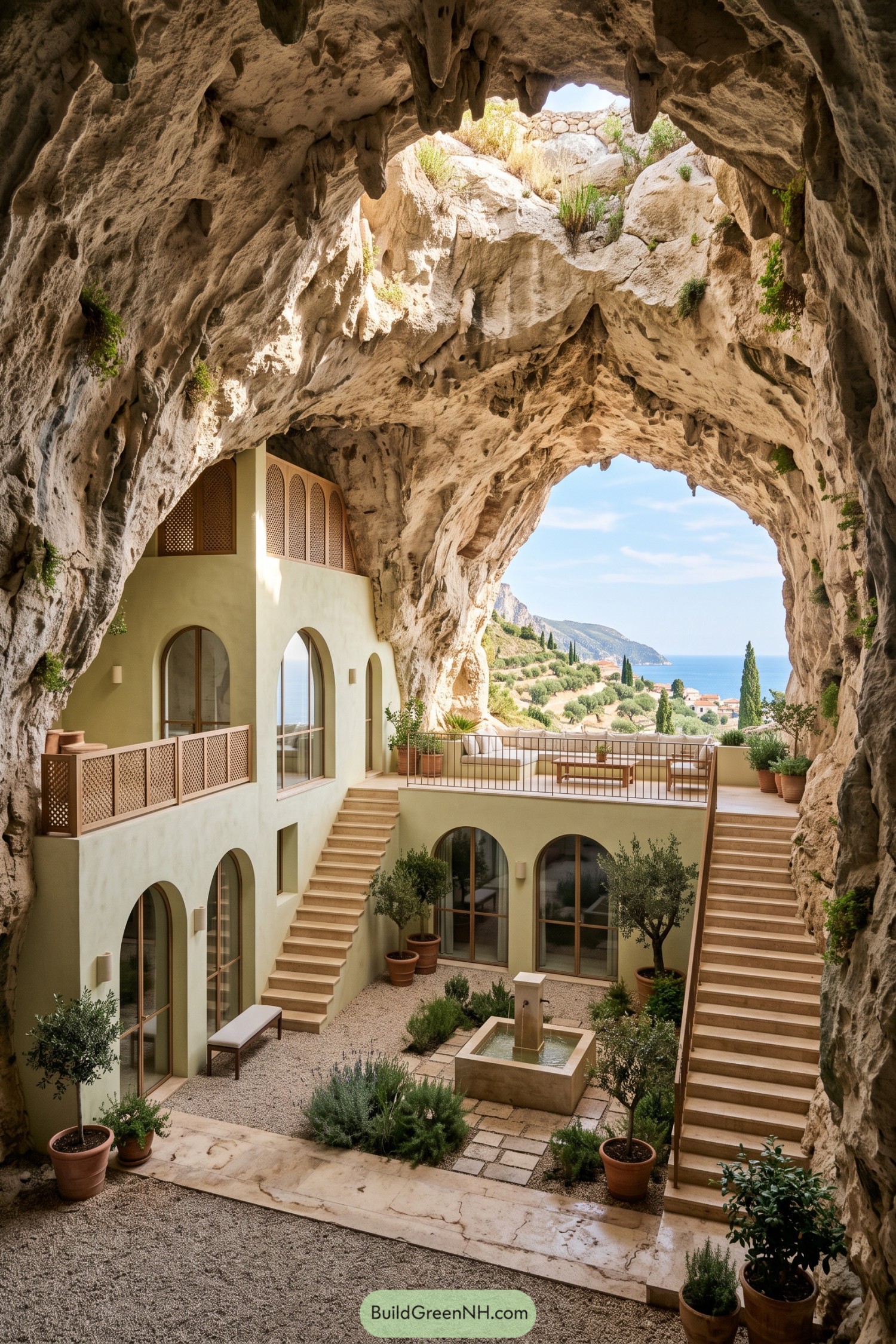 Terraced villa inside a limestone cavern overlooking the sea