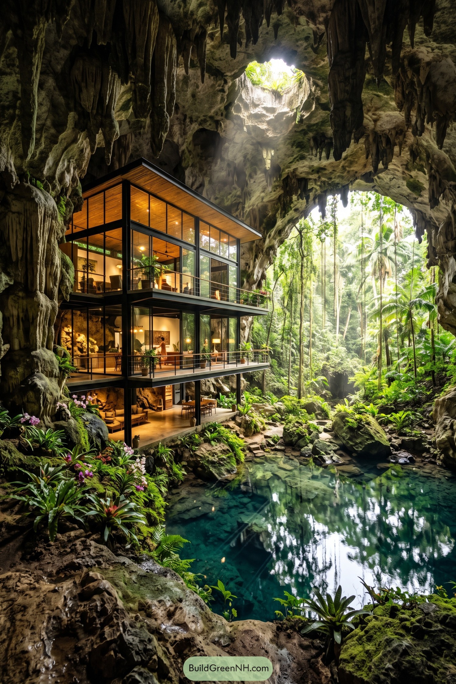 Glass-walled lodge beside a tropical cave pool