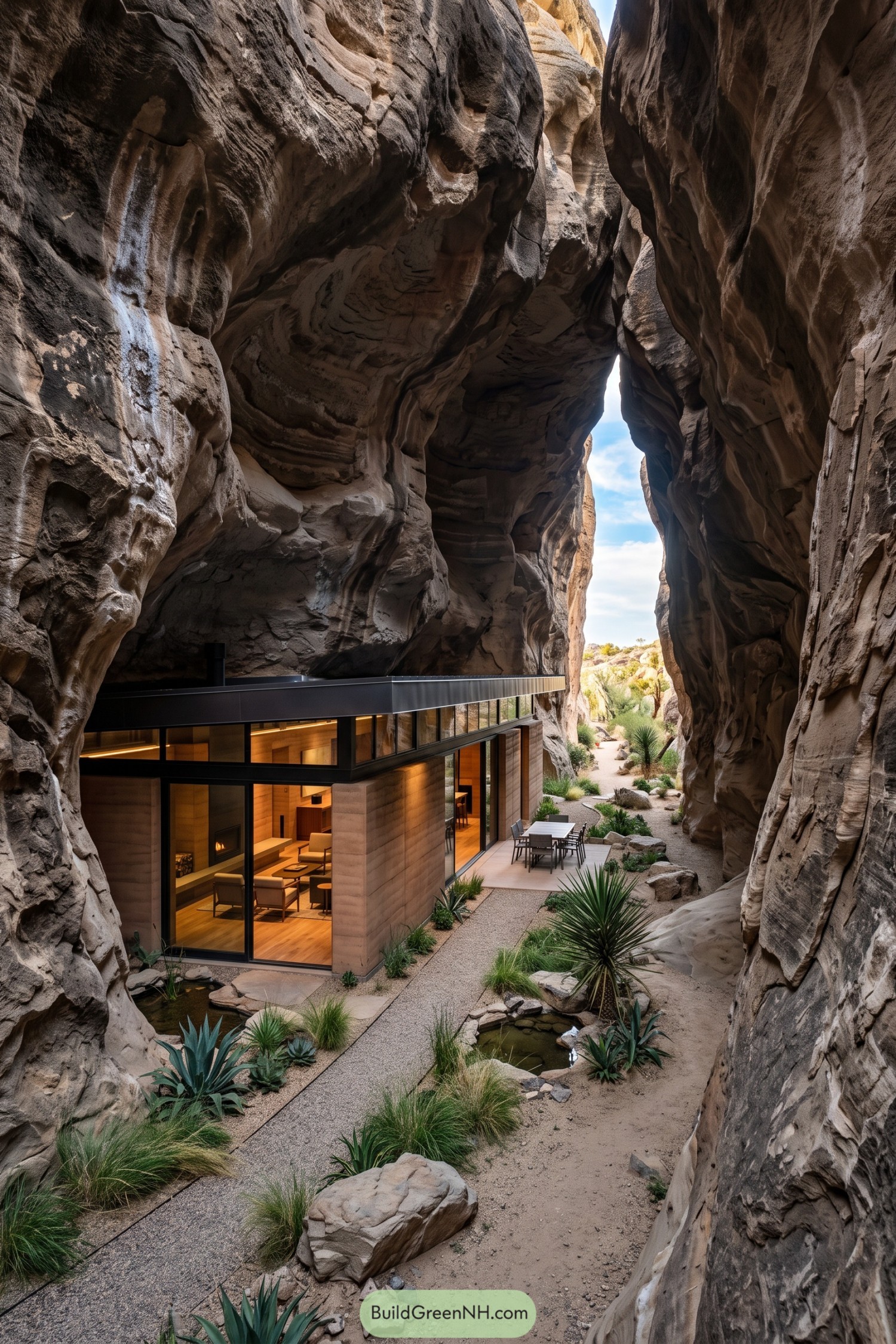 Modern glass-fronted house nestled beneath towering sandstone walls