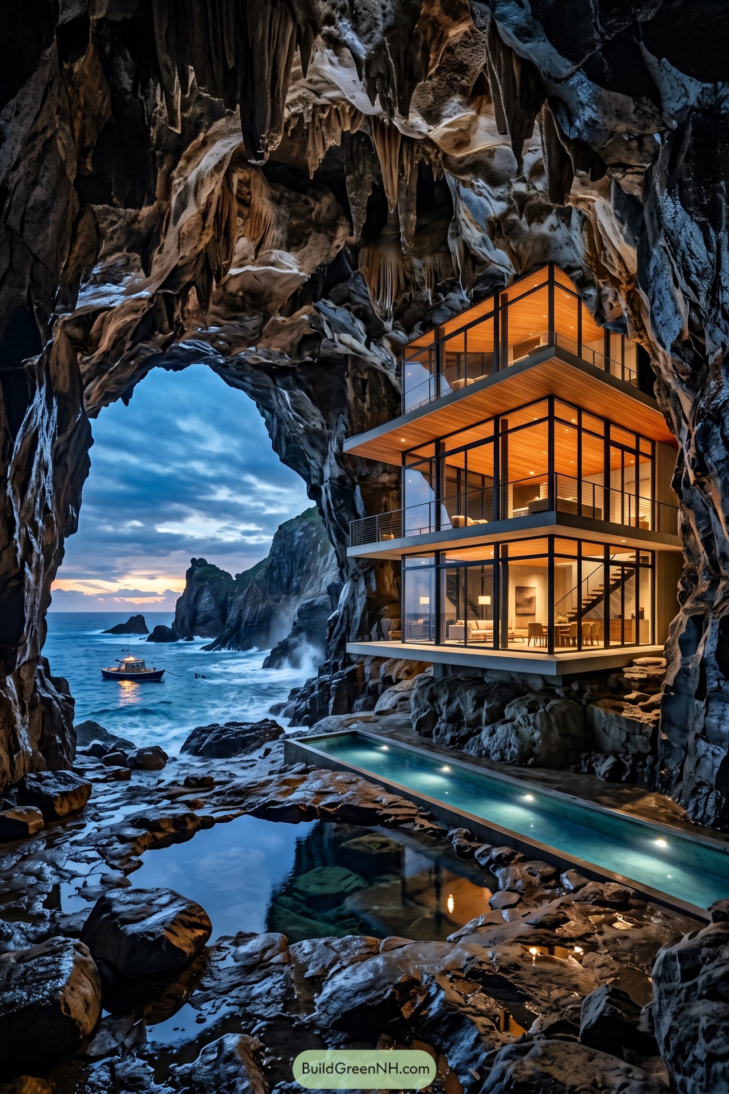 Modern glass home sheltered within a sea cave beside a narrow pool