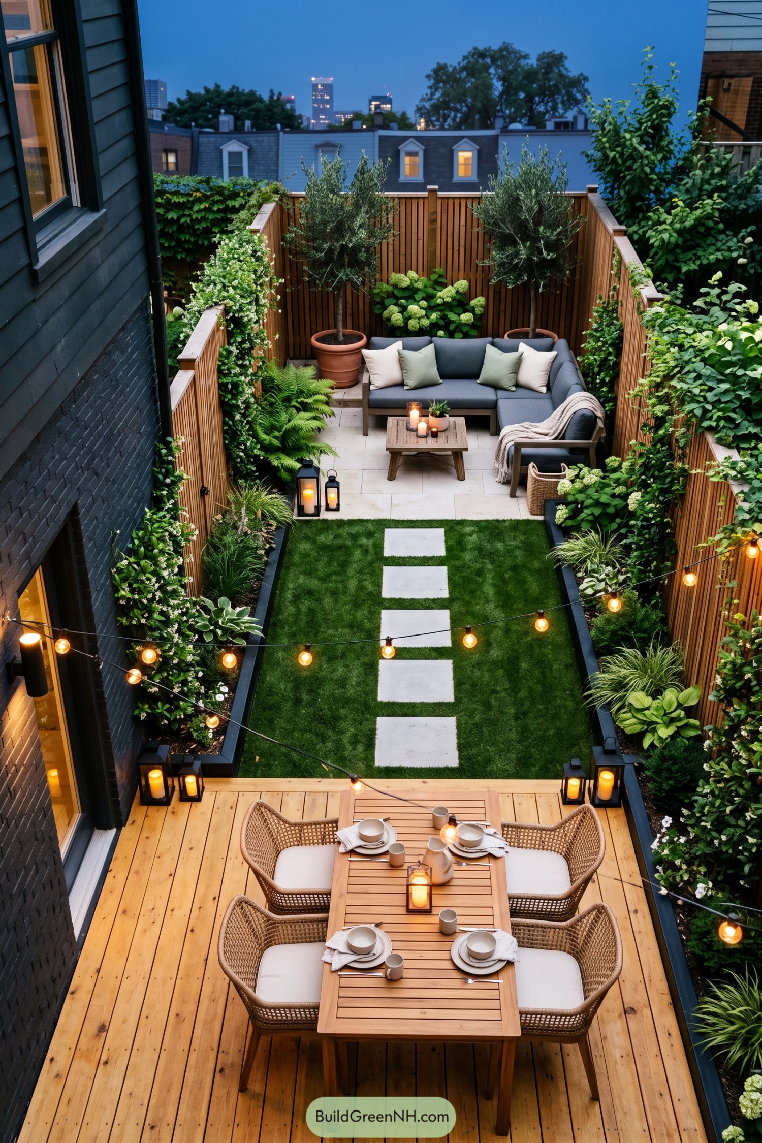 Narrow urban backyard with dining deck lounge lawn and string lights