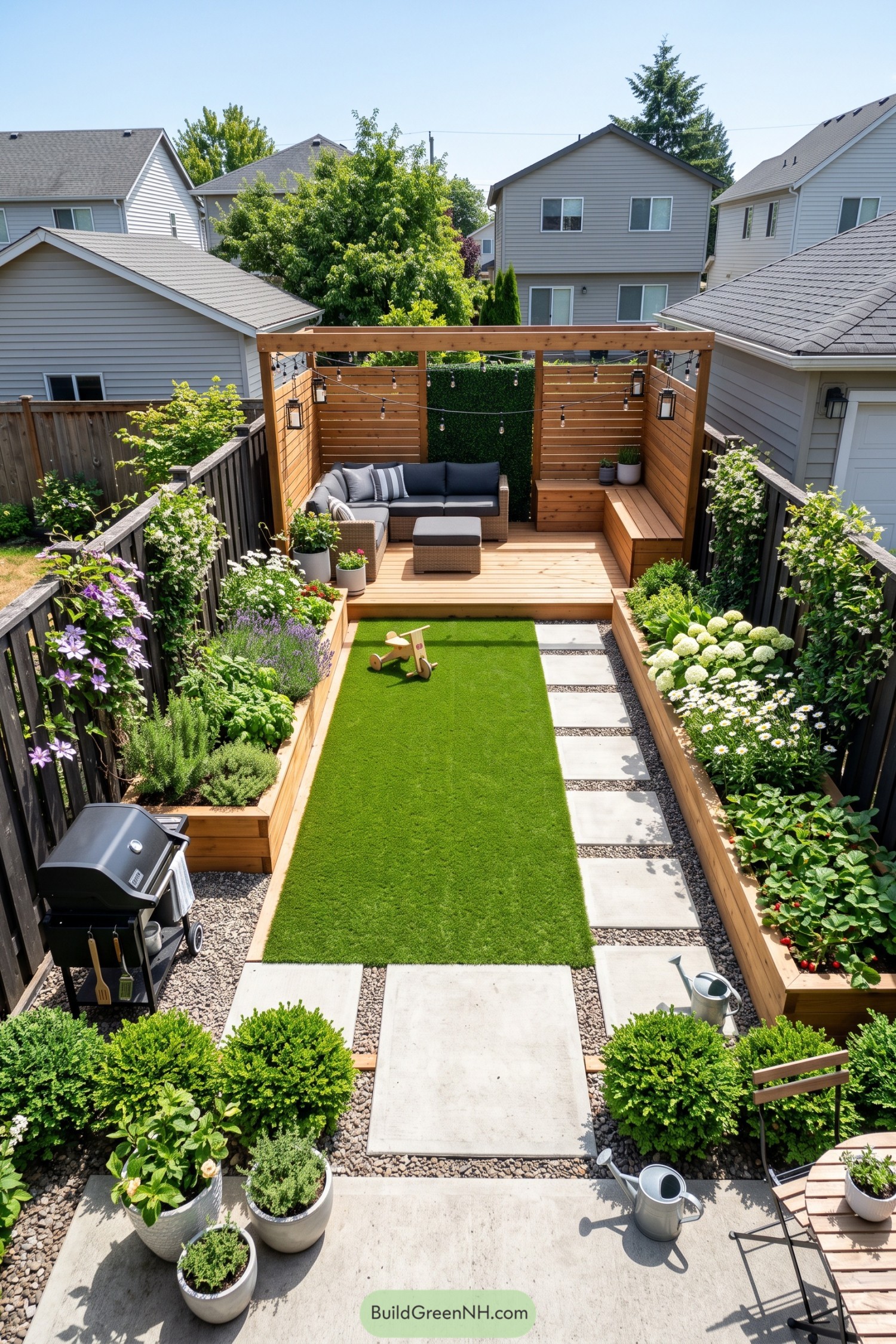 Narrow backyard with lawn planters and cedar lounge pergola