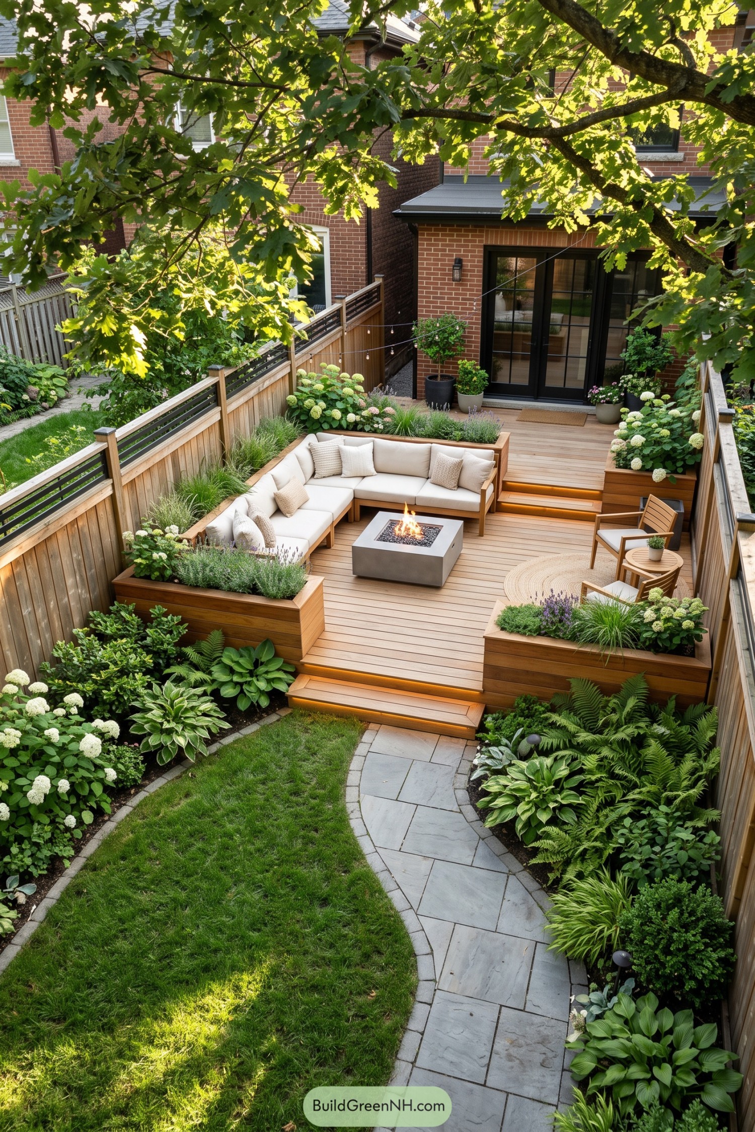 Tiered wood deck with fire table beneath a mature maple