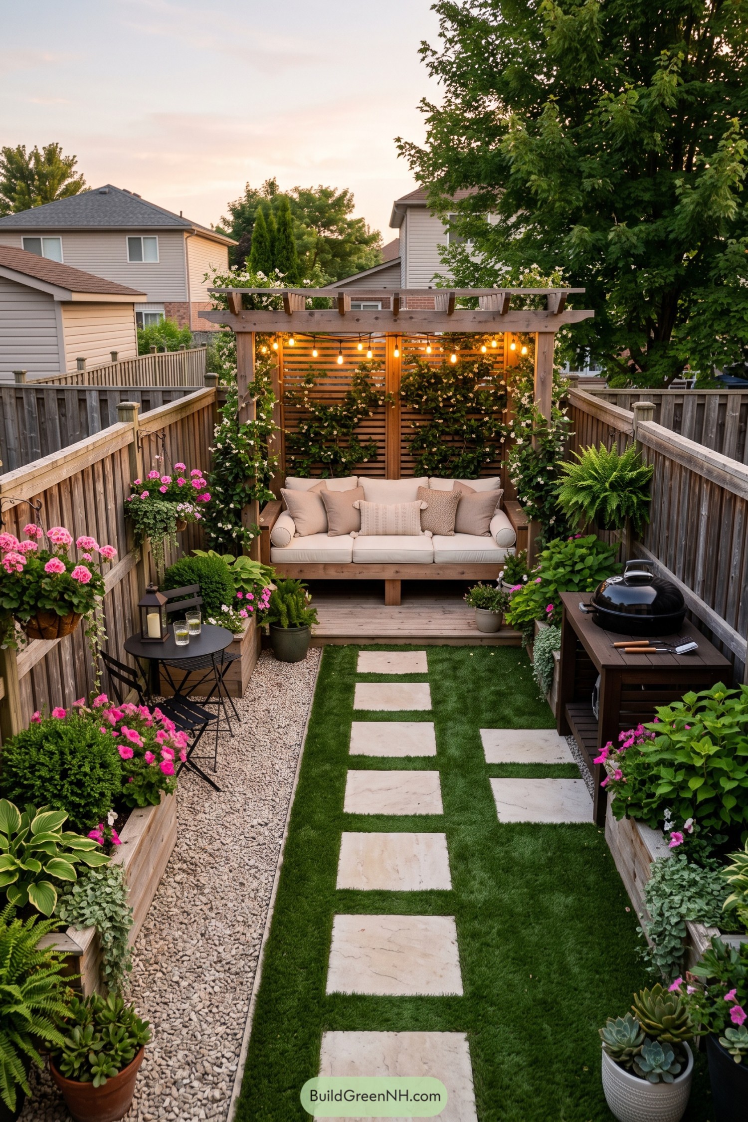 Narrow backyard with a vine-covered pergola lounge and grill