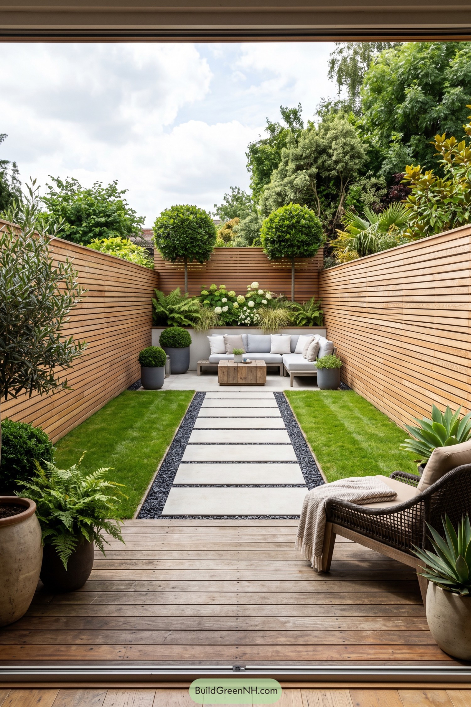 Stepping stones through dark gravel lead from the timber deck to a compact outdoor sofa nook