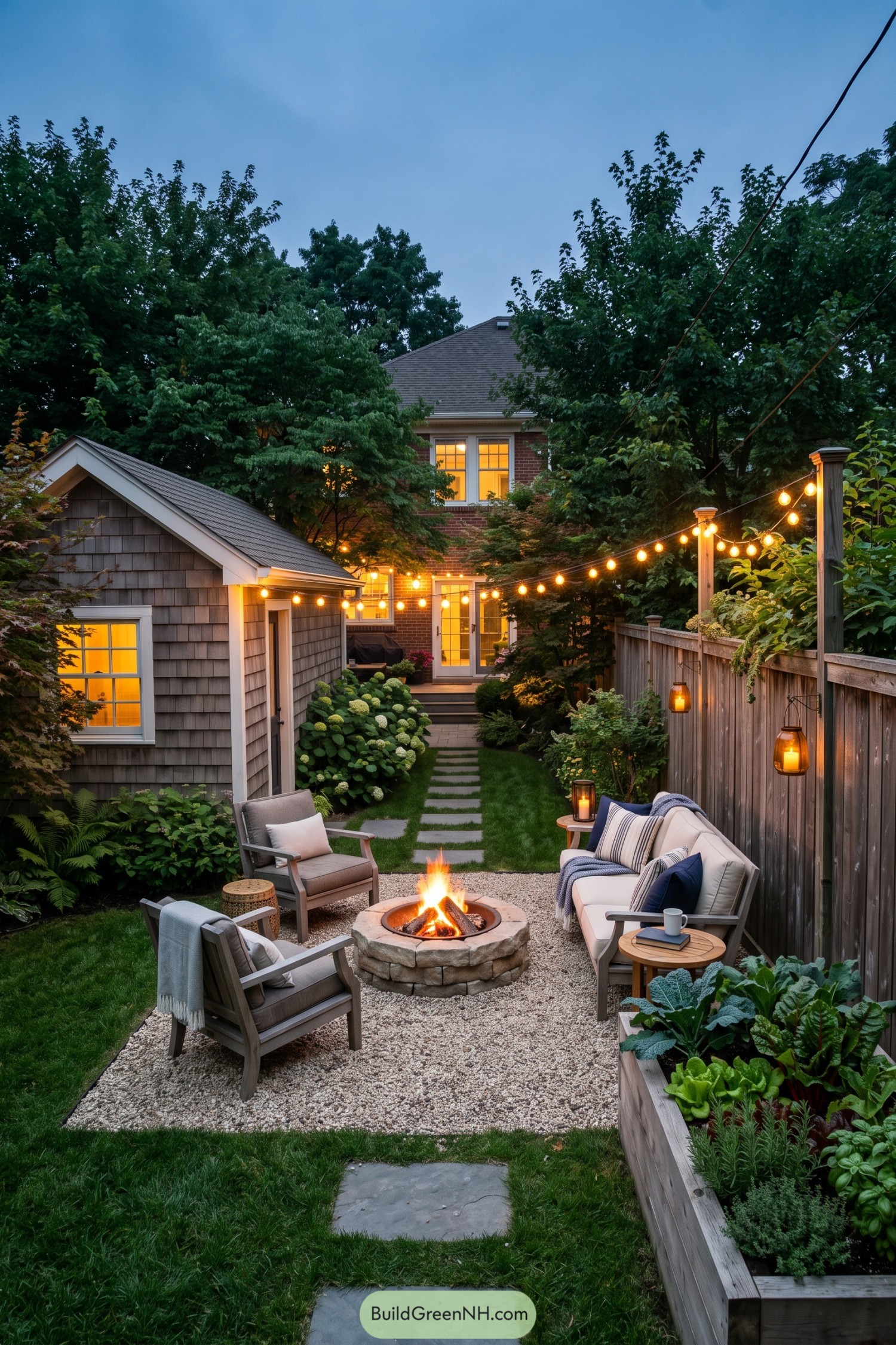 Cozy gravel fire pit patio with string lights and raised vegetable beds