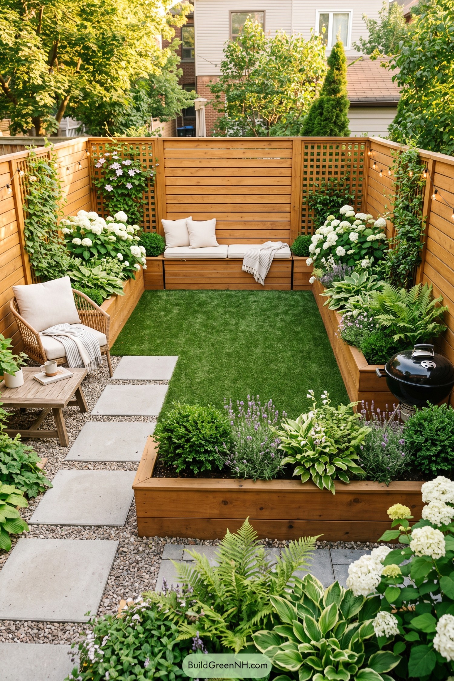 Compact backyard with raised planters bench seating and stepping stone path