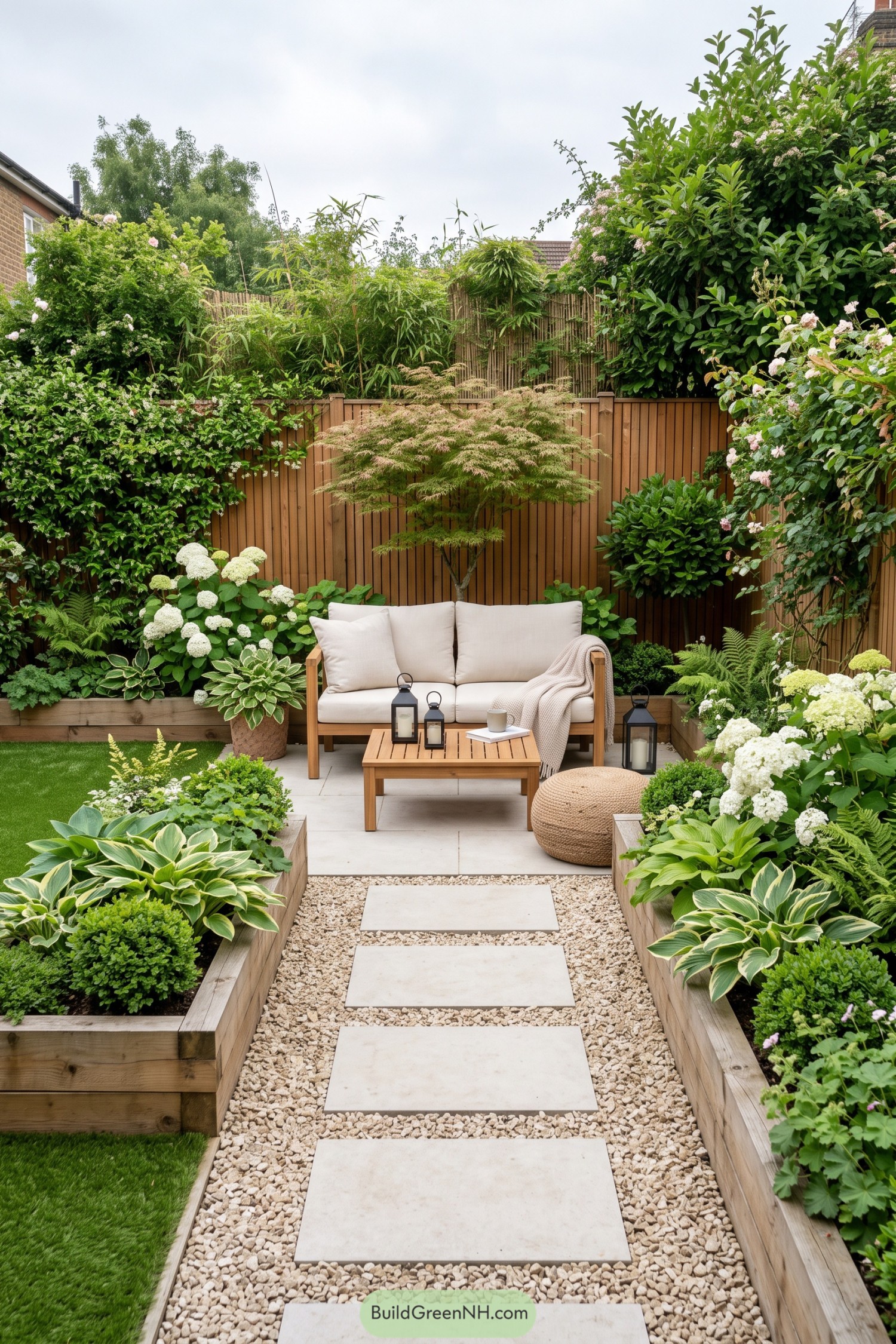 Gravel path to a cushioned garden seat amid hydrangeas