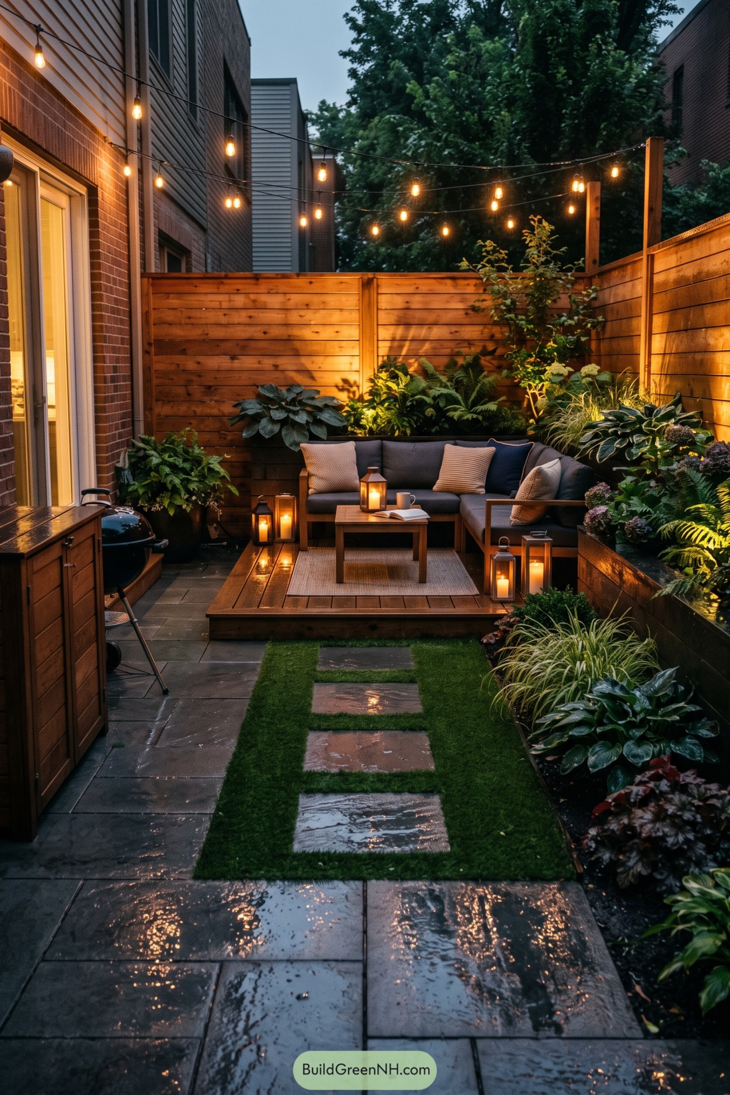 Compact backyard lounge with cedar fencing and glowing string lights