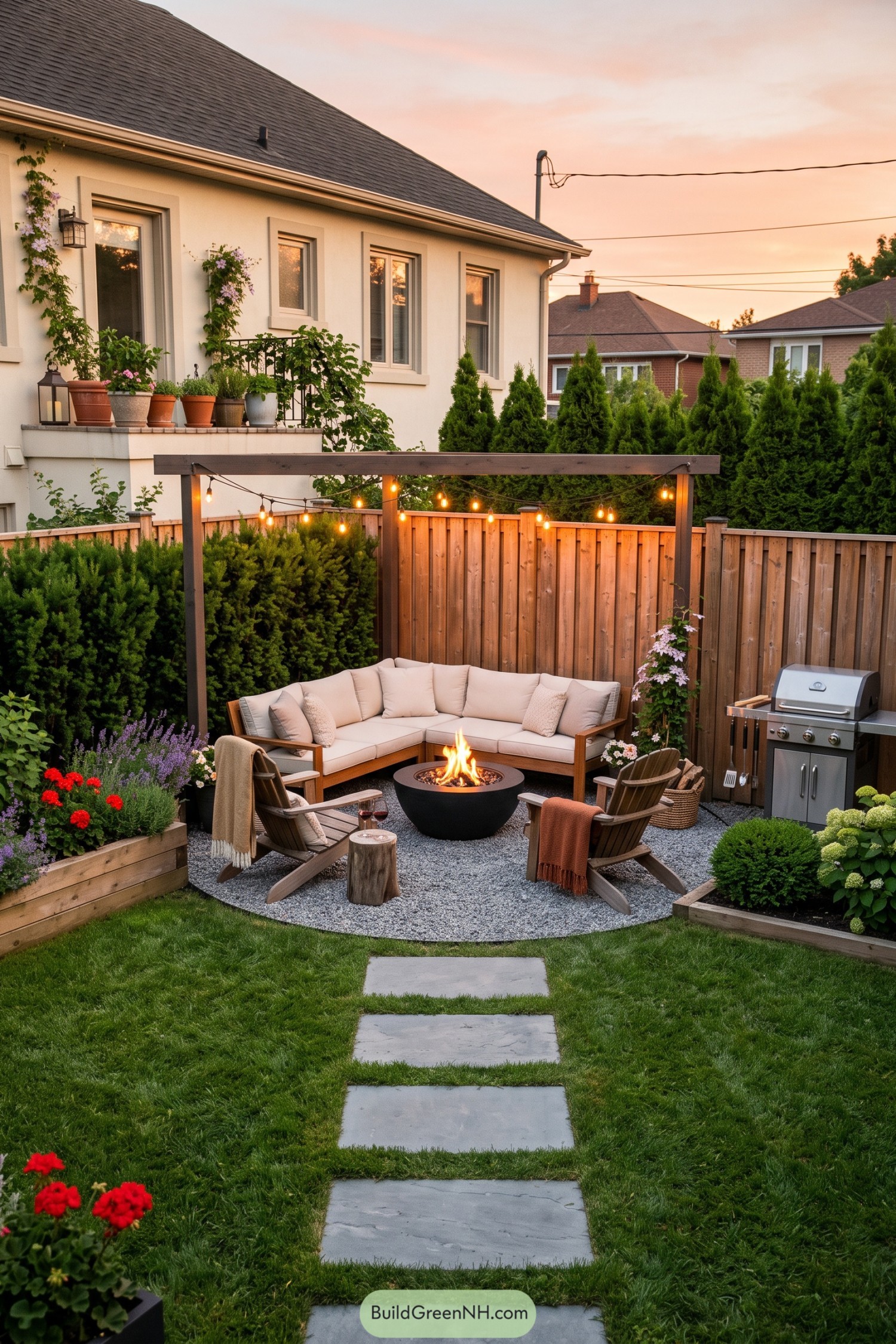 Compact backyard lounge with a fire bowl pergola and grill