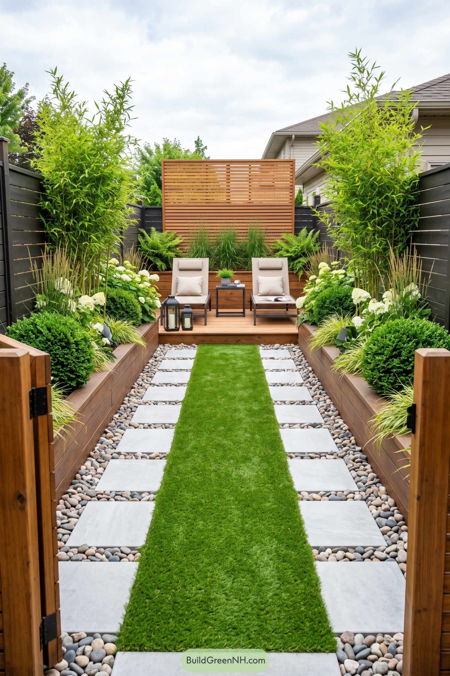 Narrow garden with bamboo seating deck and stone path