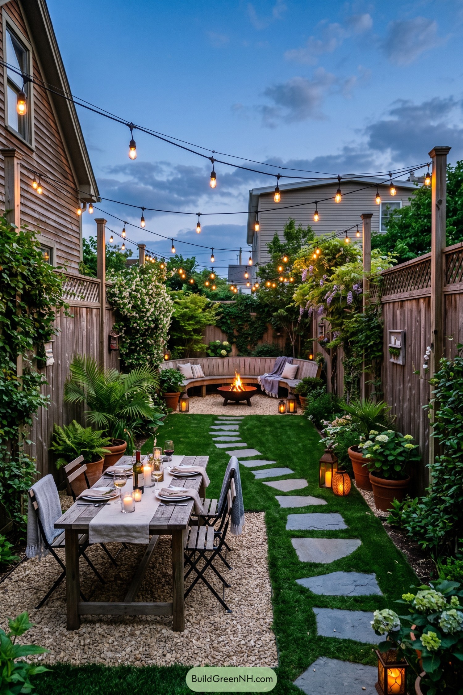 String-lit narrow garden with dining table and fire bowl