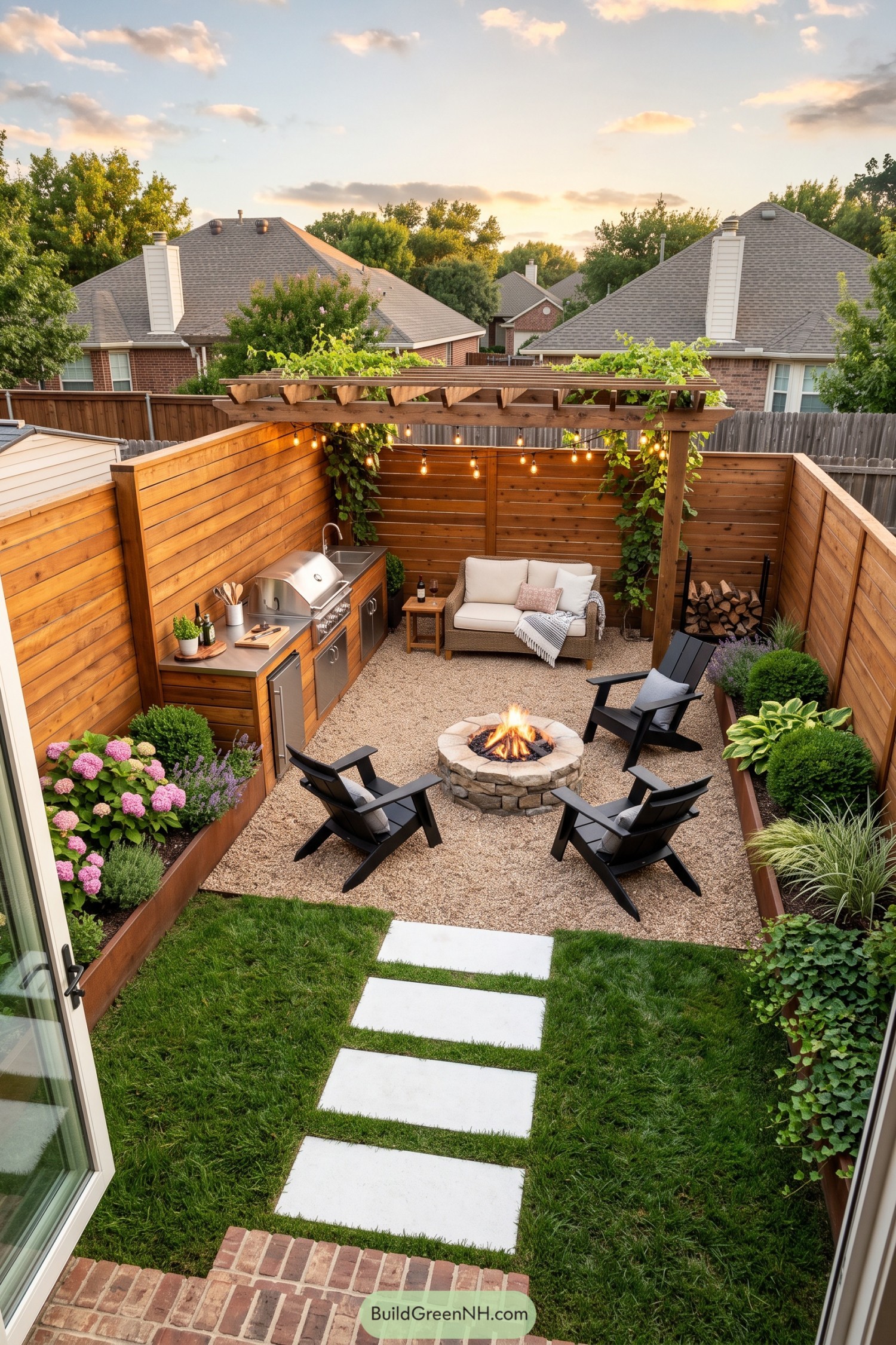 Compact backyard with vine-covered pergola outdoor kitchen and stone fire pit