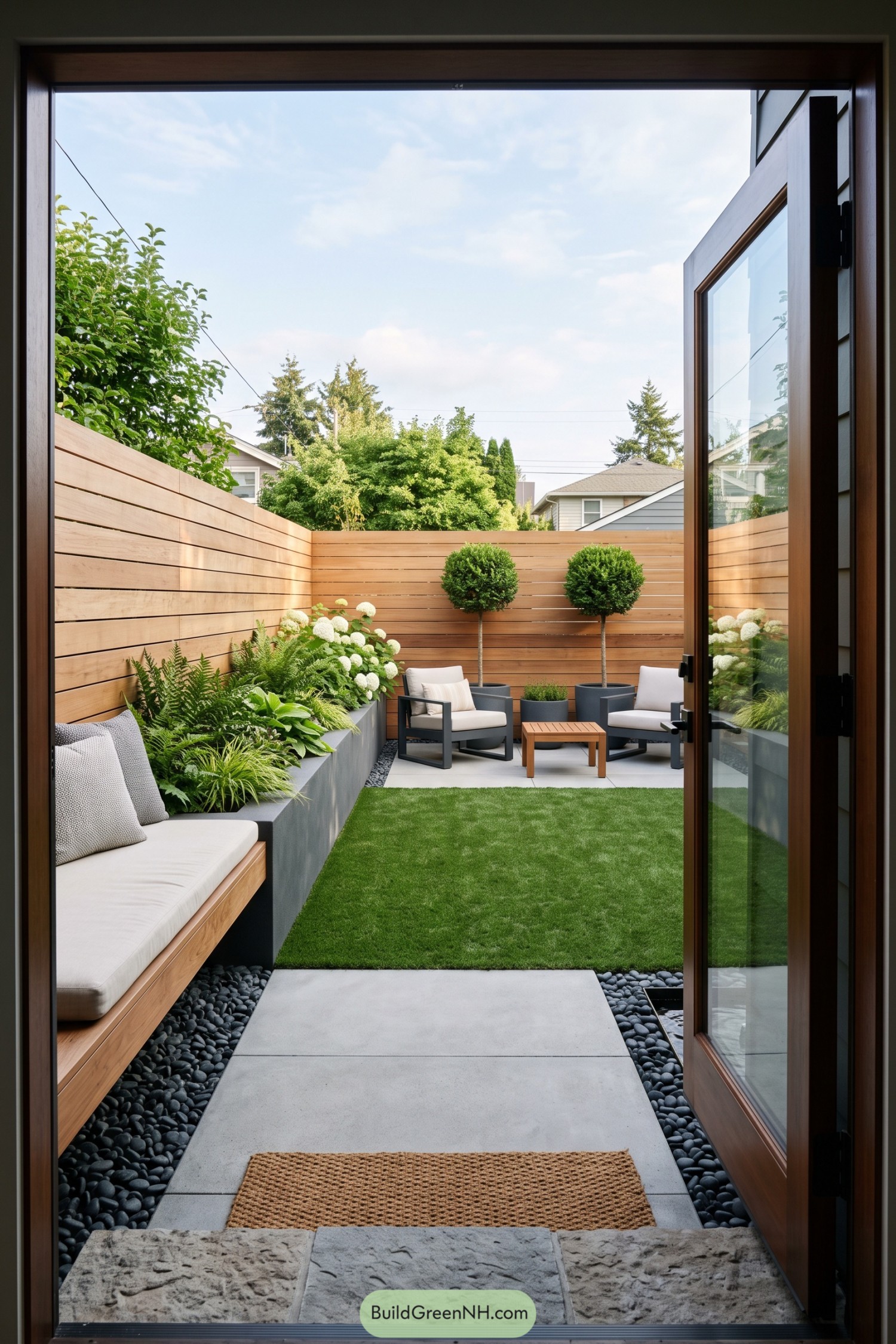 Compact backyard lounge with cedar fencing and lush planters