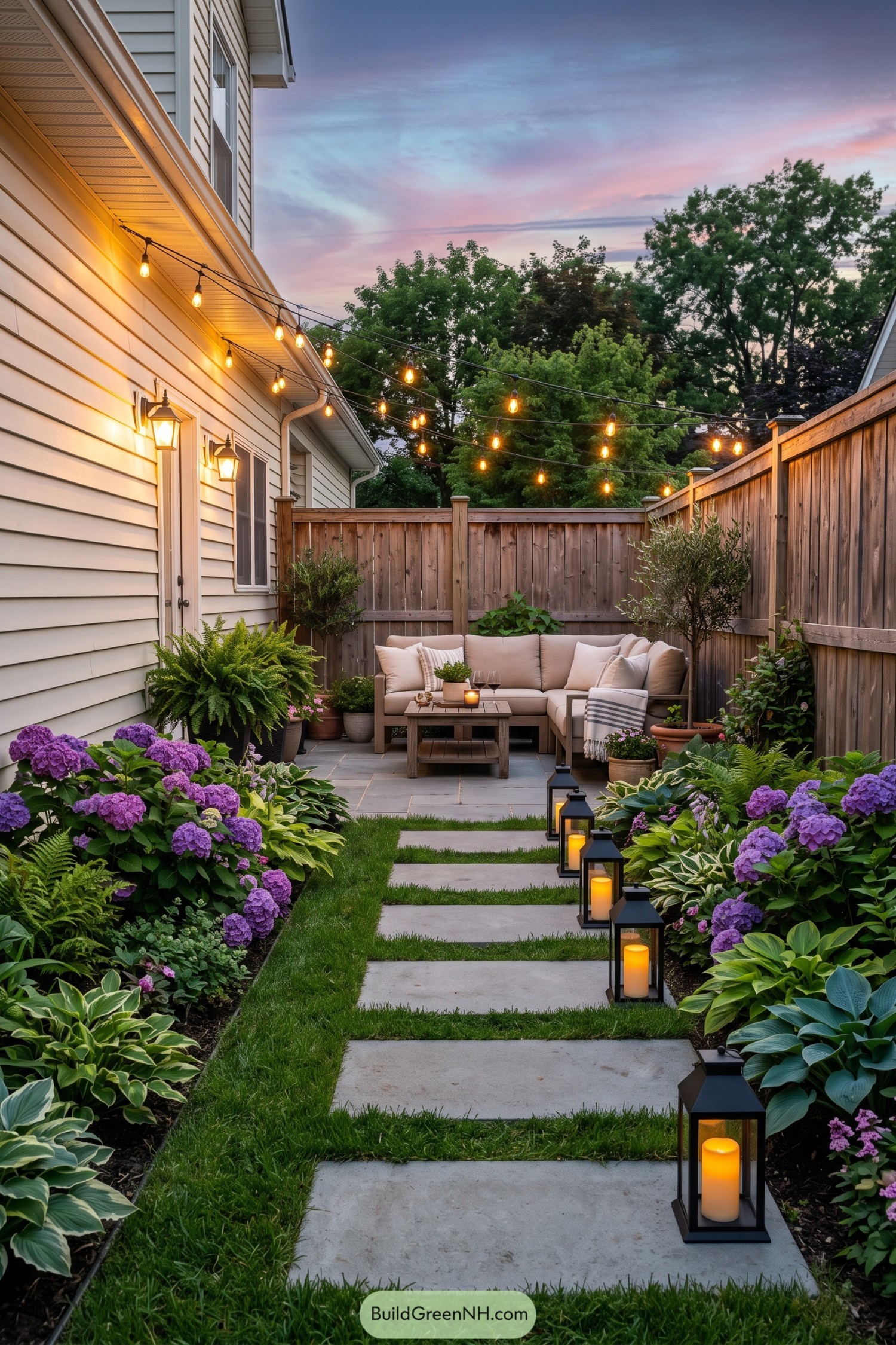 Narrow patio with string lights hydrangeas and lanterns