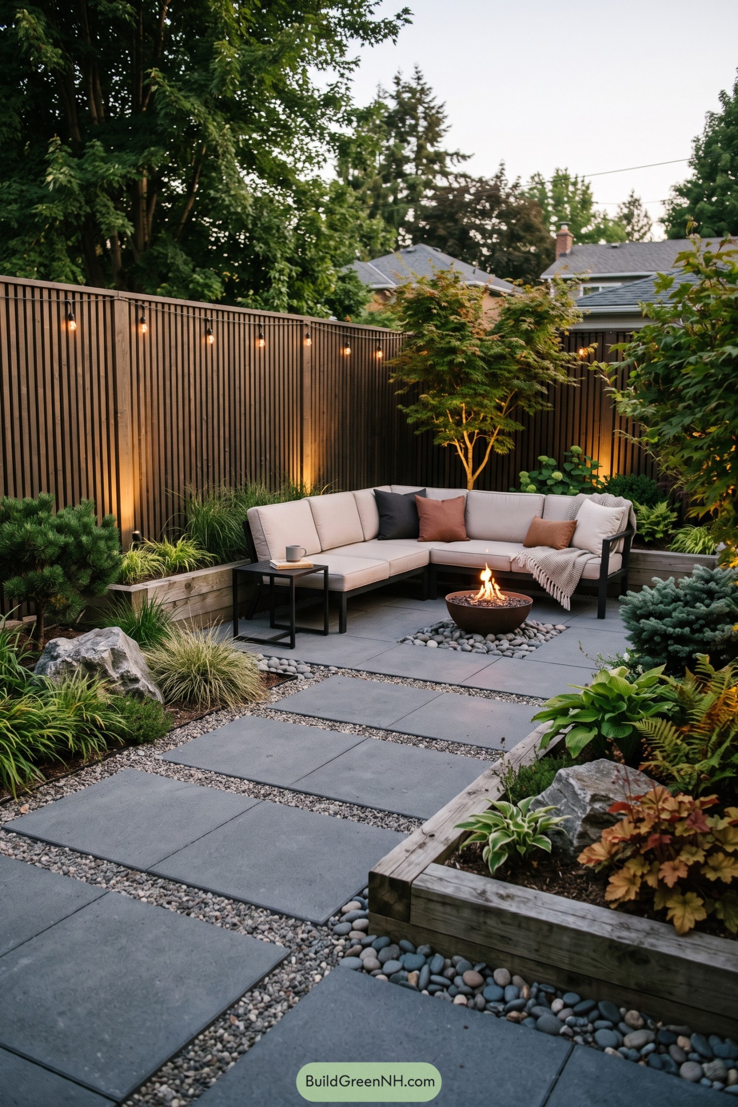Cozy patio lounge with fire bowl and string lights