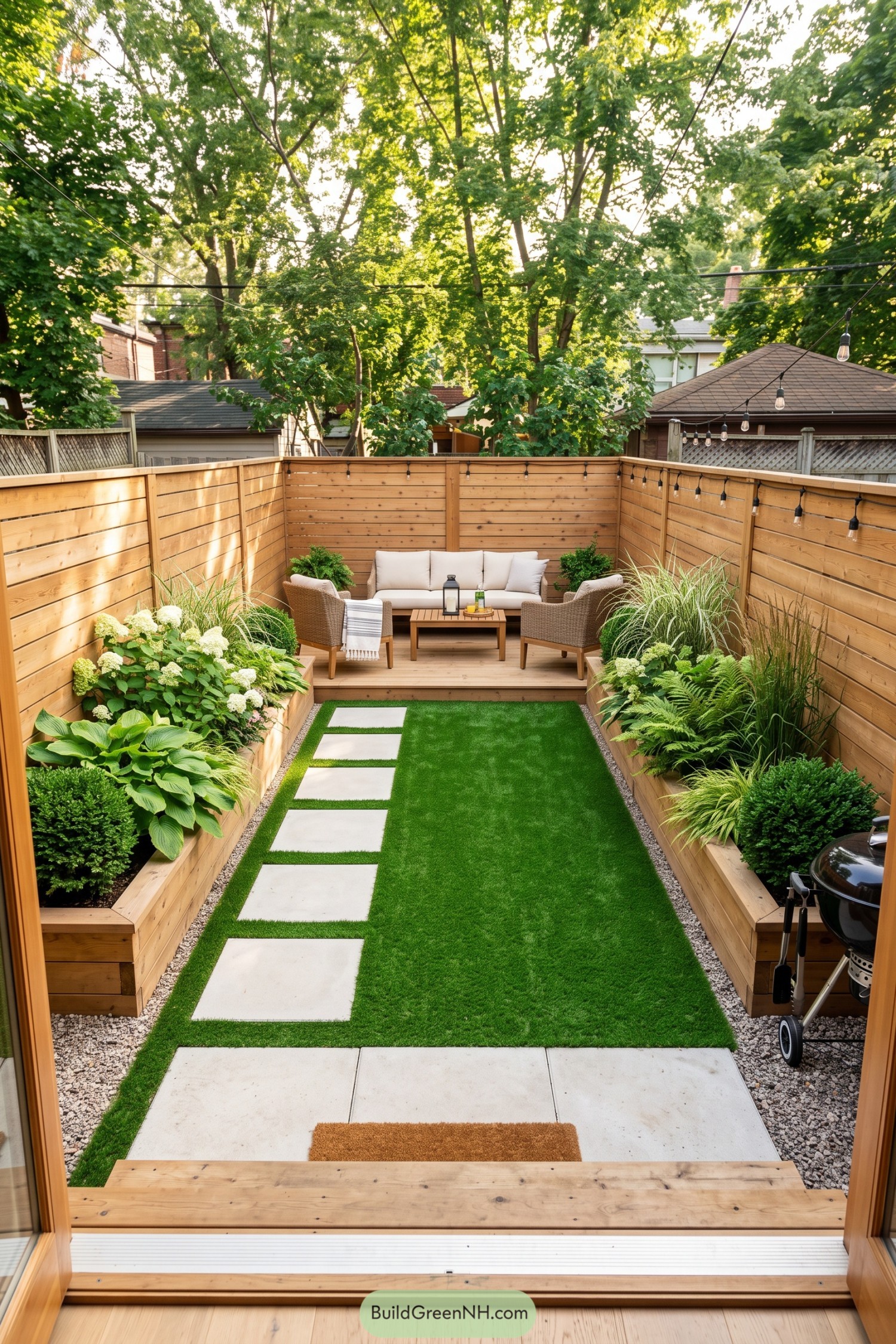 Compact cedar courtyard with turf path raised planters and lounge seating