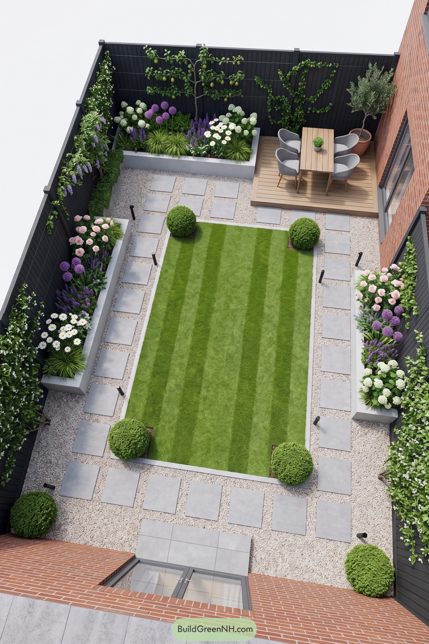 Formal backyard lawn with flower beds and dining deck