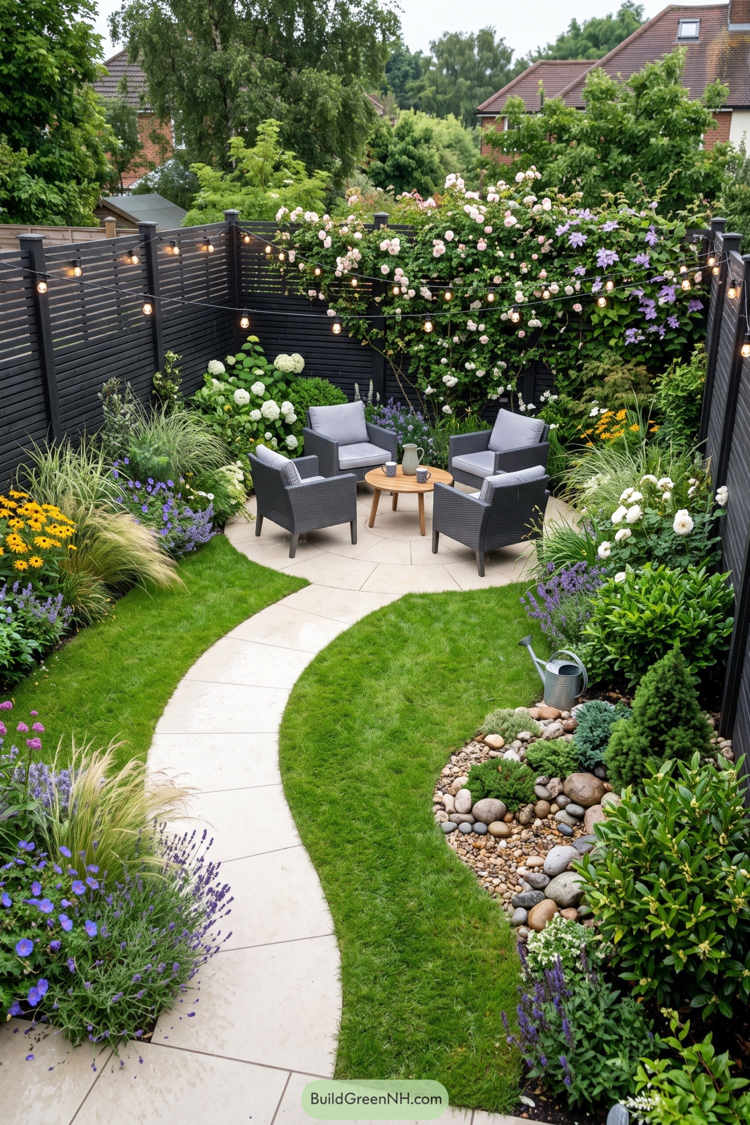 Curved pale paving leads through a clipped lawn to a four-chair patio wrapped in flowering borders. Dark slatted screens make the compact space feel tucked away, while overhead festoon bulbs bring a little evening sparkle