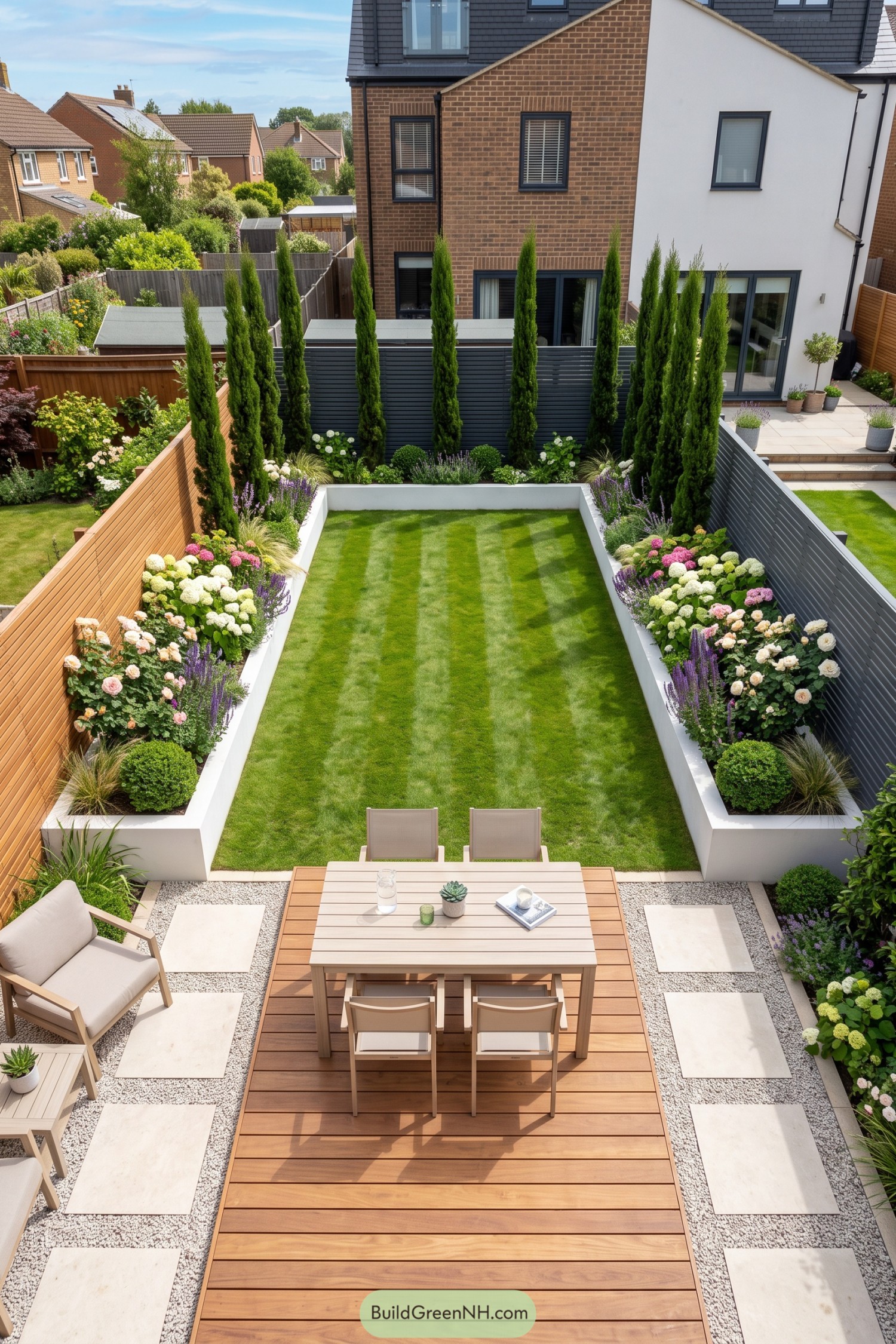 Formal backyard with cypress screening bordered lawn and timber dining terrace