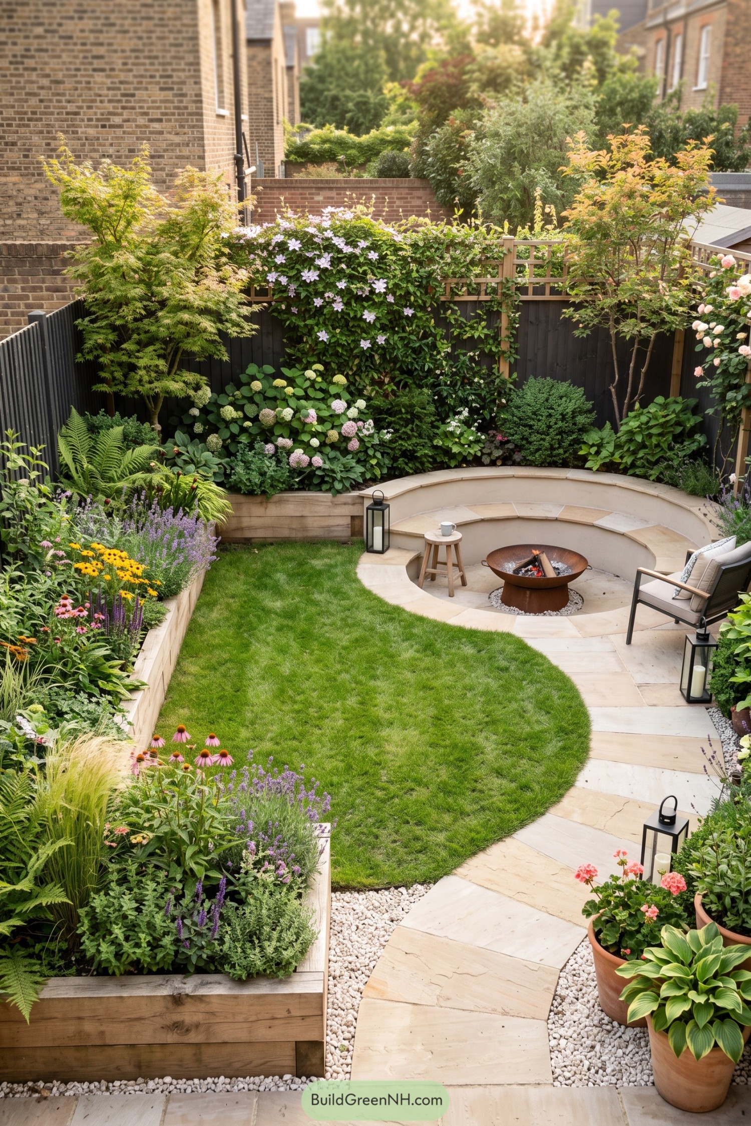 Curved lawn and fire pit garden with flowering borders