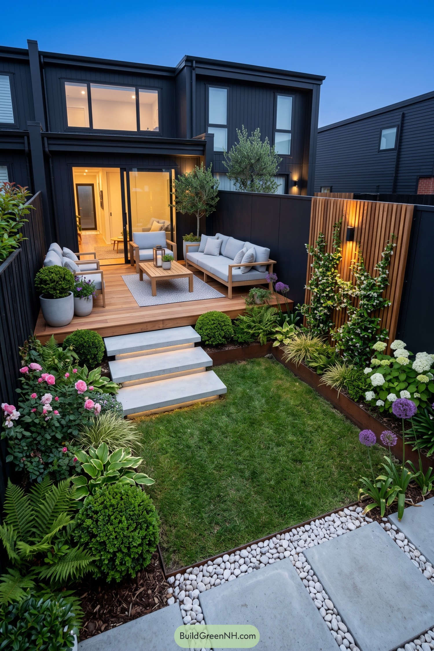 Compact backyard with timber deck lounge and planted lawn