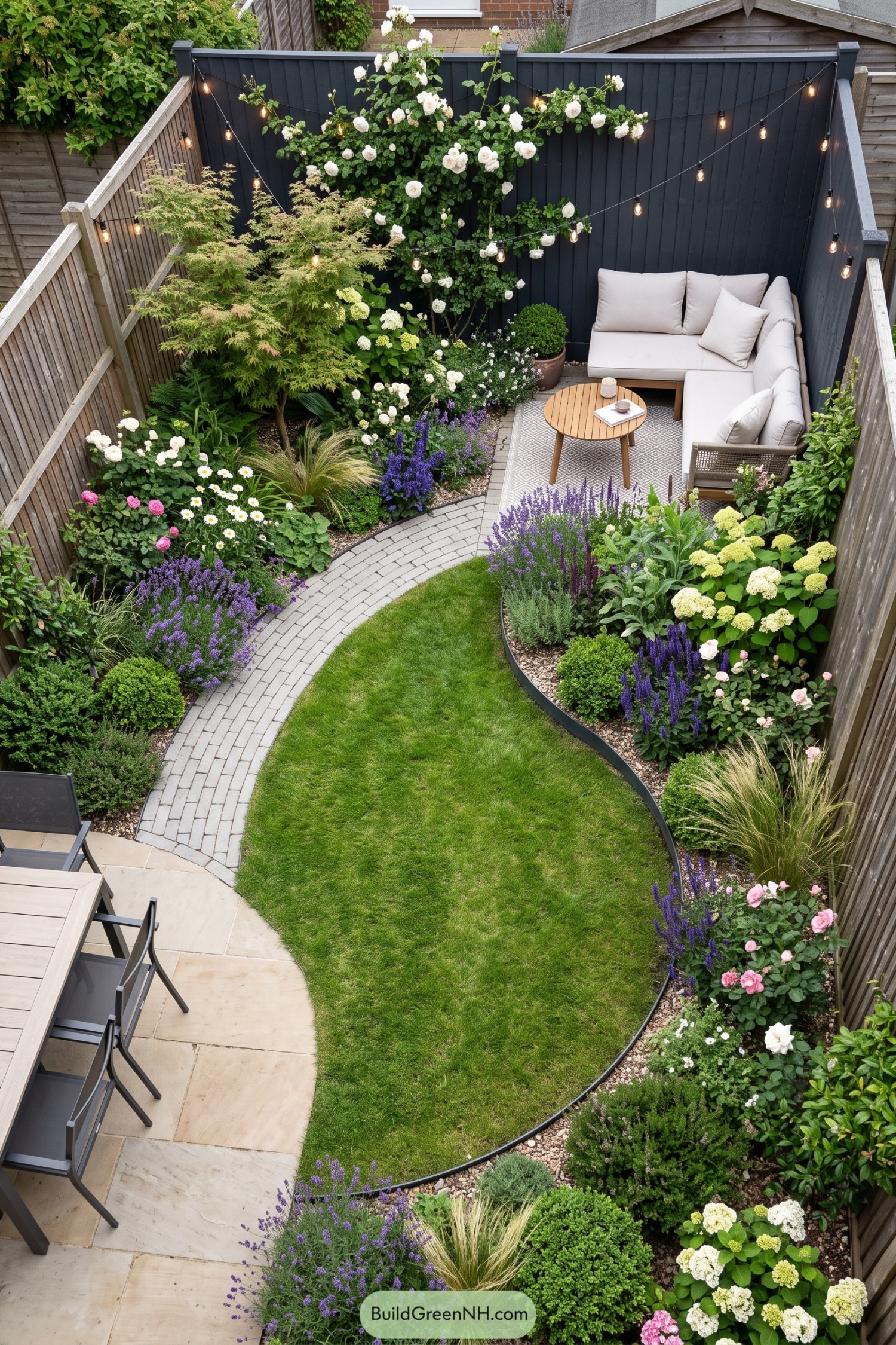 Curved lawn with flowering borders and a corner sofa beneath festoon bulbs