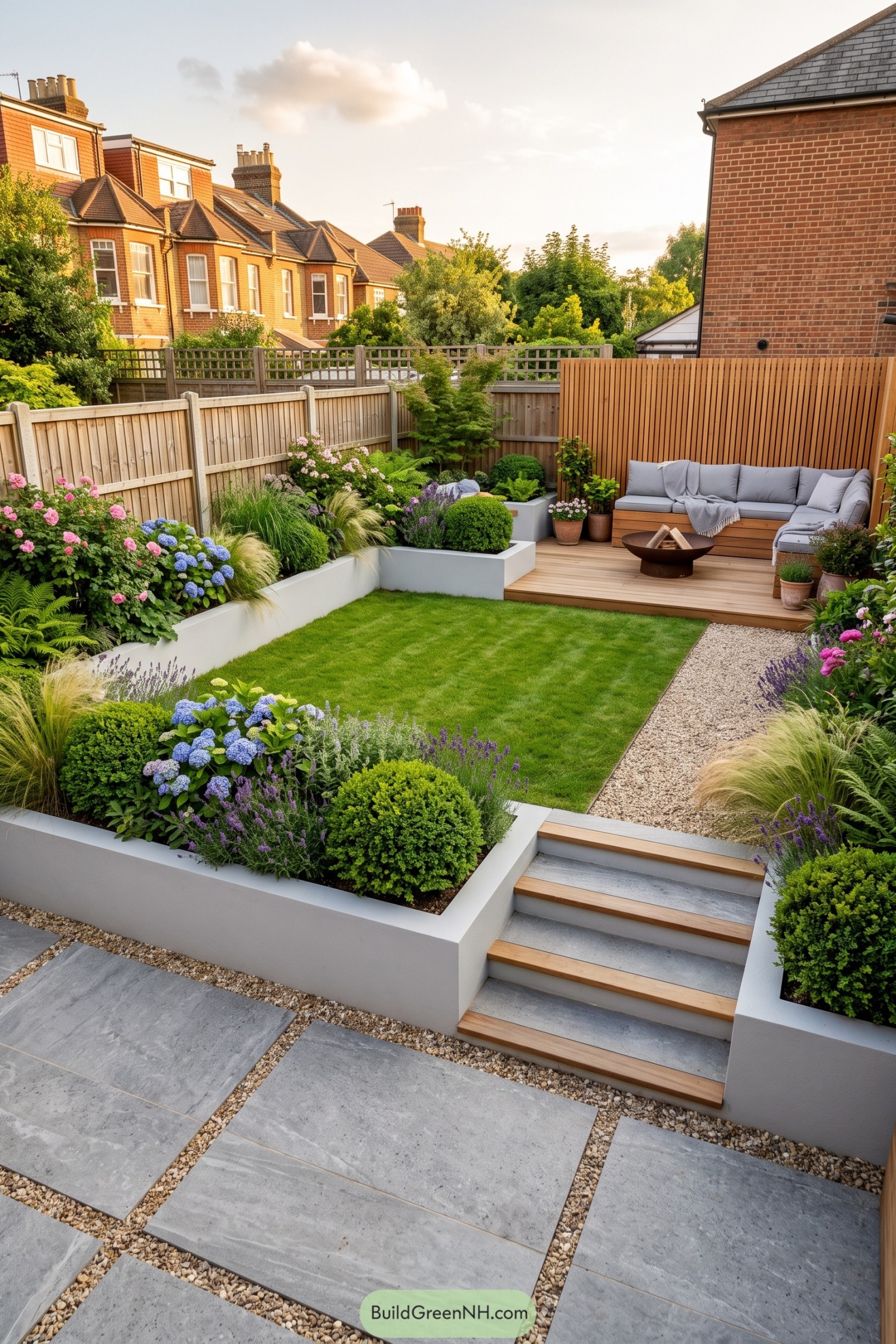 Tiered backyard garden with lawn deck seating and fire bowl