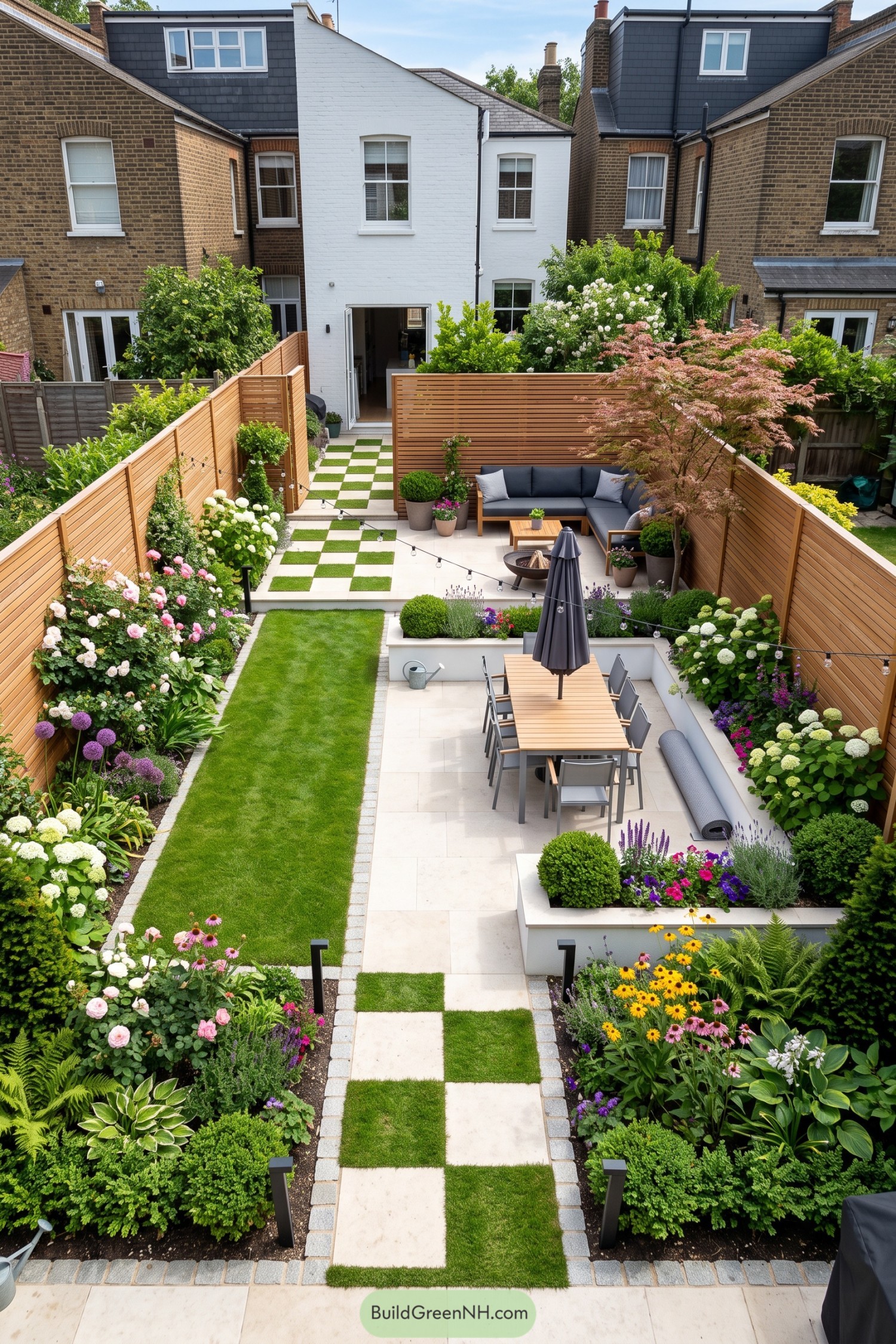 Narrow garden with dining patio lawn and lounge terrace
