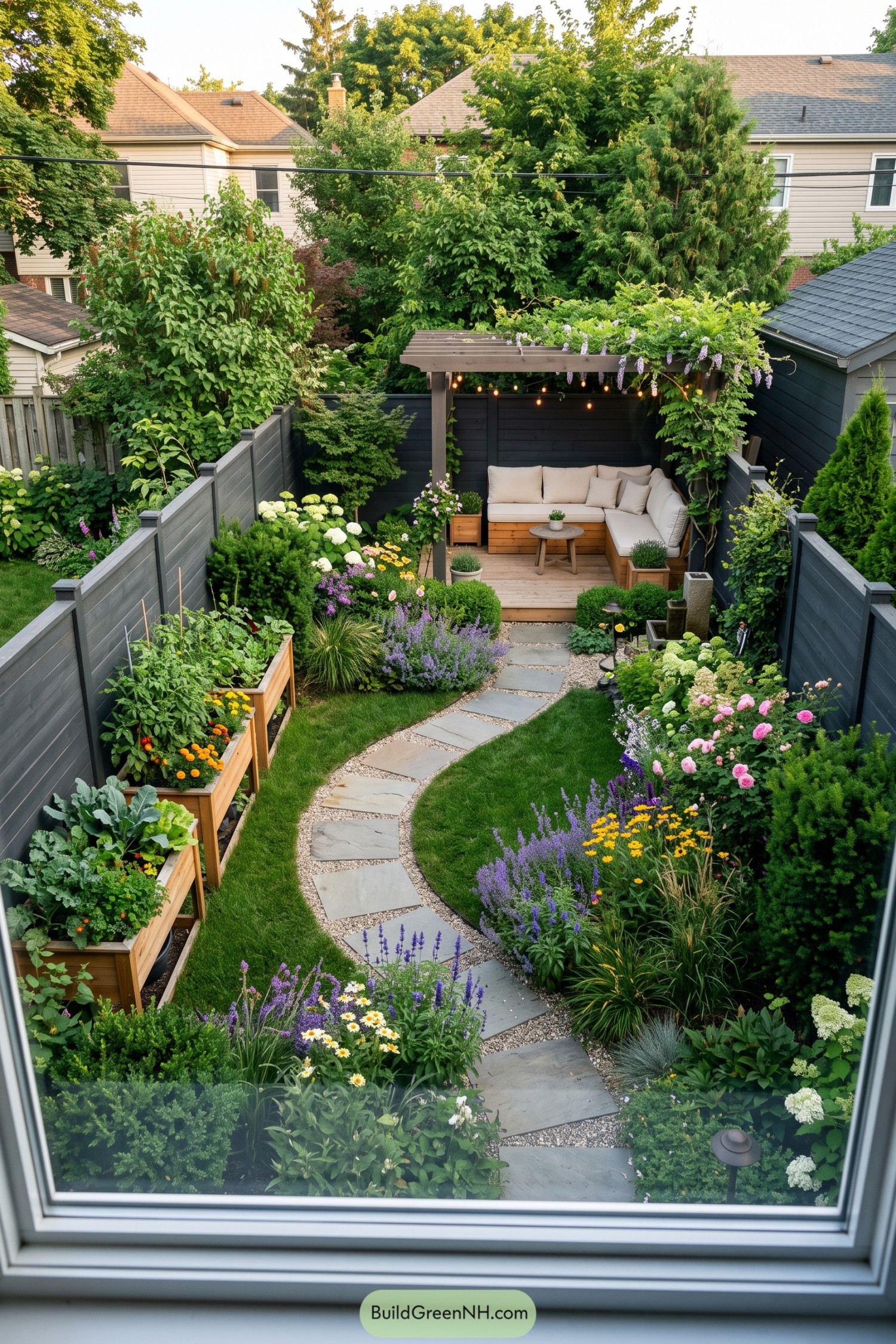 Curved stone path through flower beds to a vine-covered pergola lounge