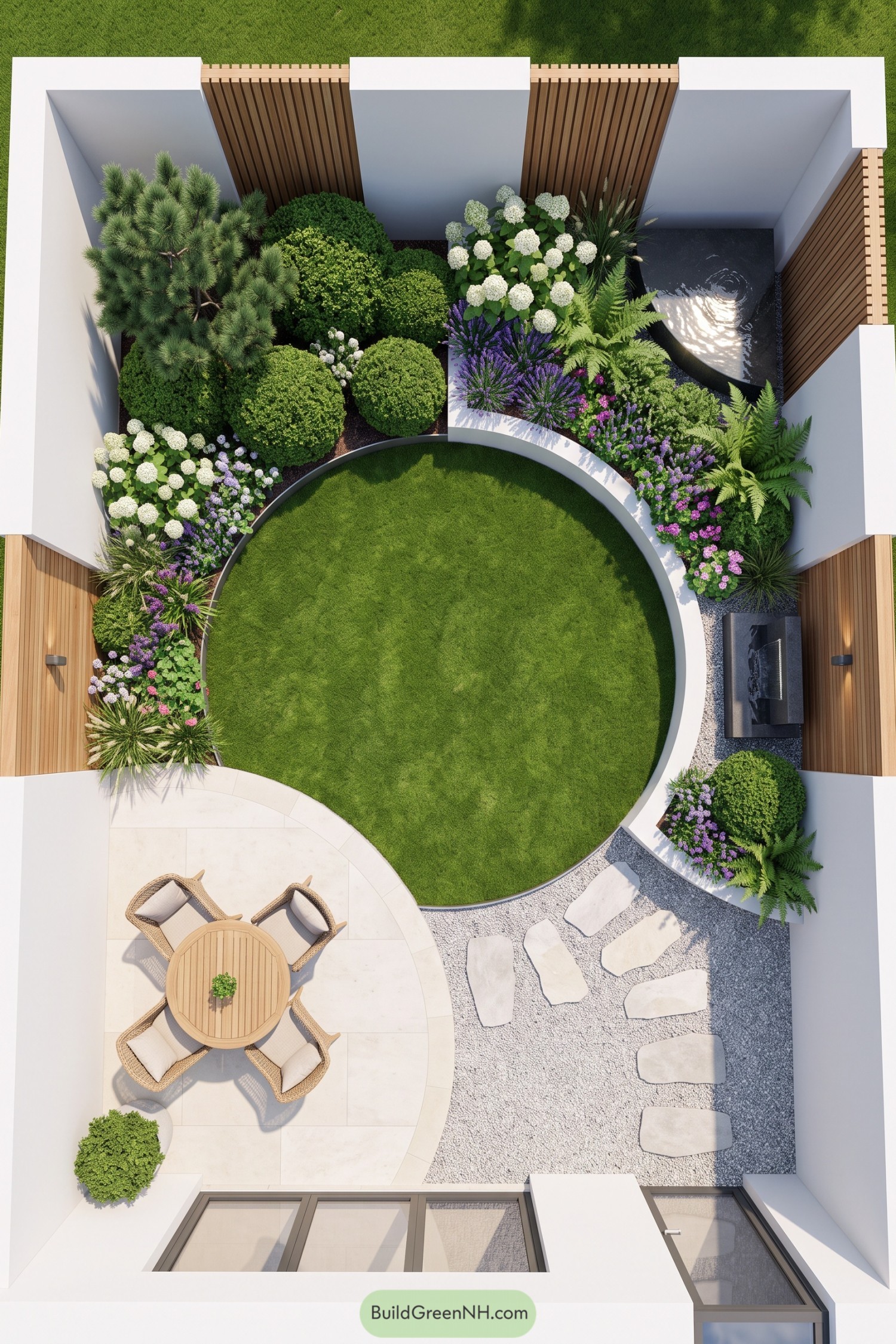 Curved lawn garden with dining patio and water feature