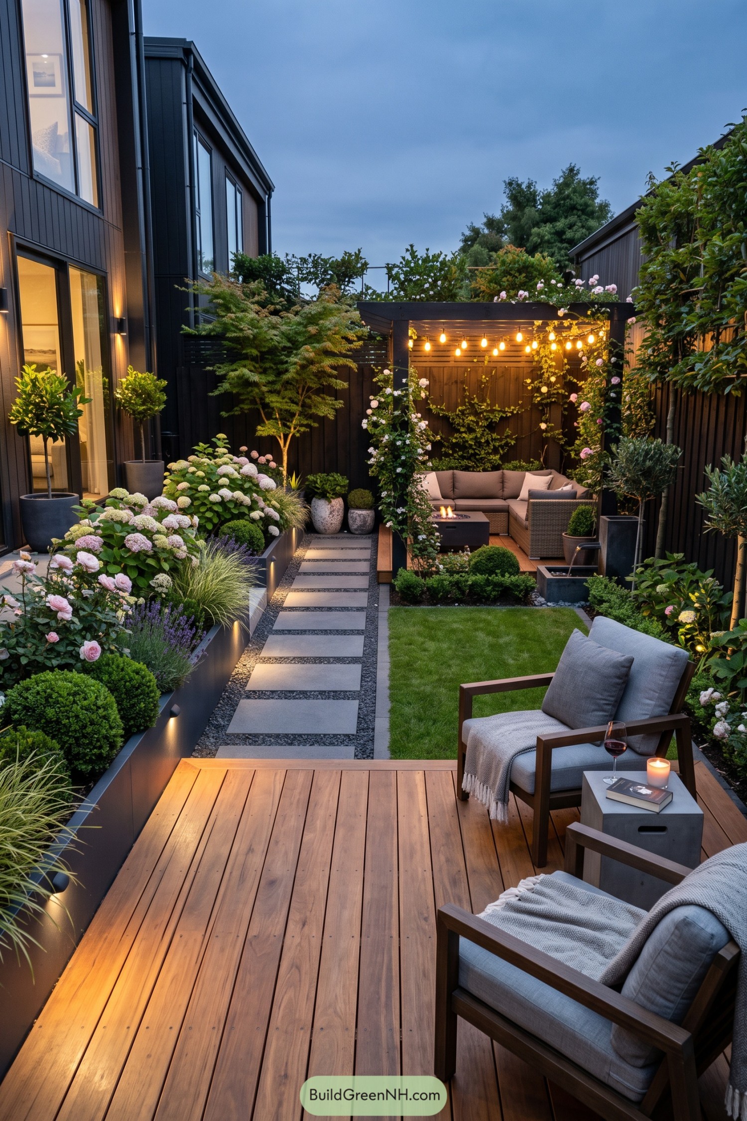 Compact backyard with rose borders lit pergola and lounge seating