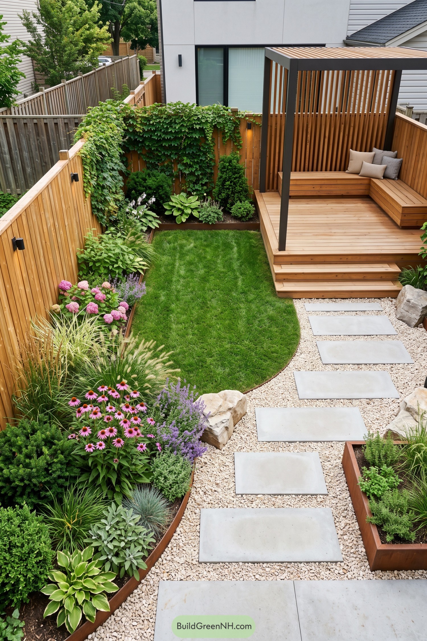 Stepping stone path beside a curved lawn and pergola seating