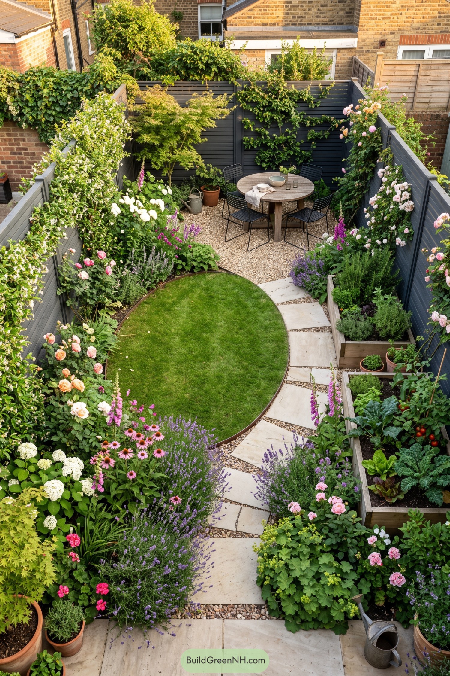 Curved lawn with flower borders vegetable beds and dining patio