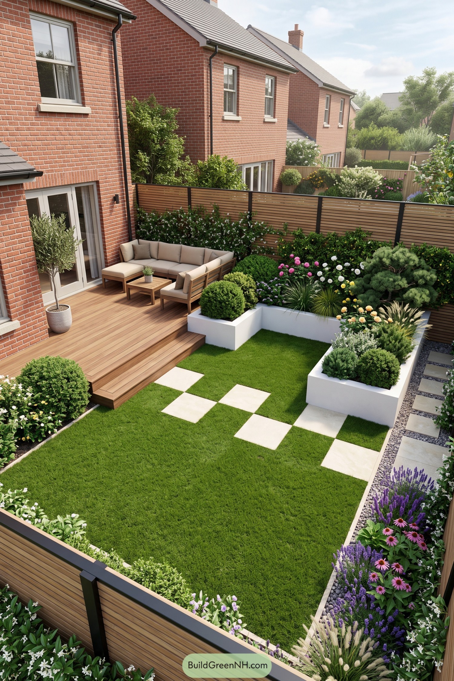 Compact backyard with a timber lounge deck checkerboard lawn and flowering borders