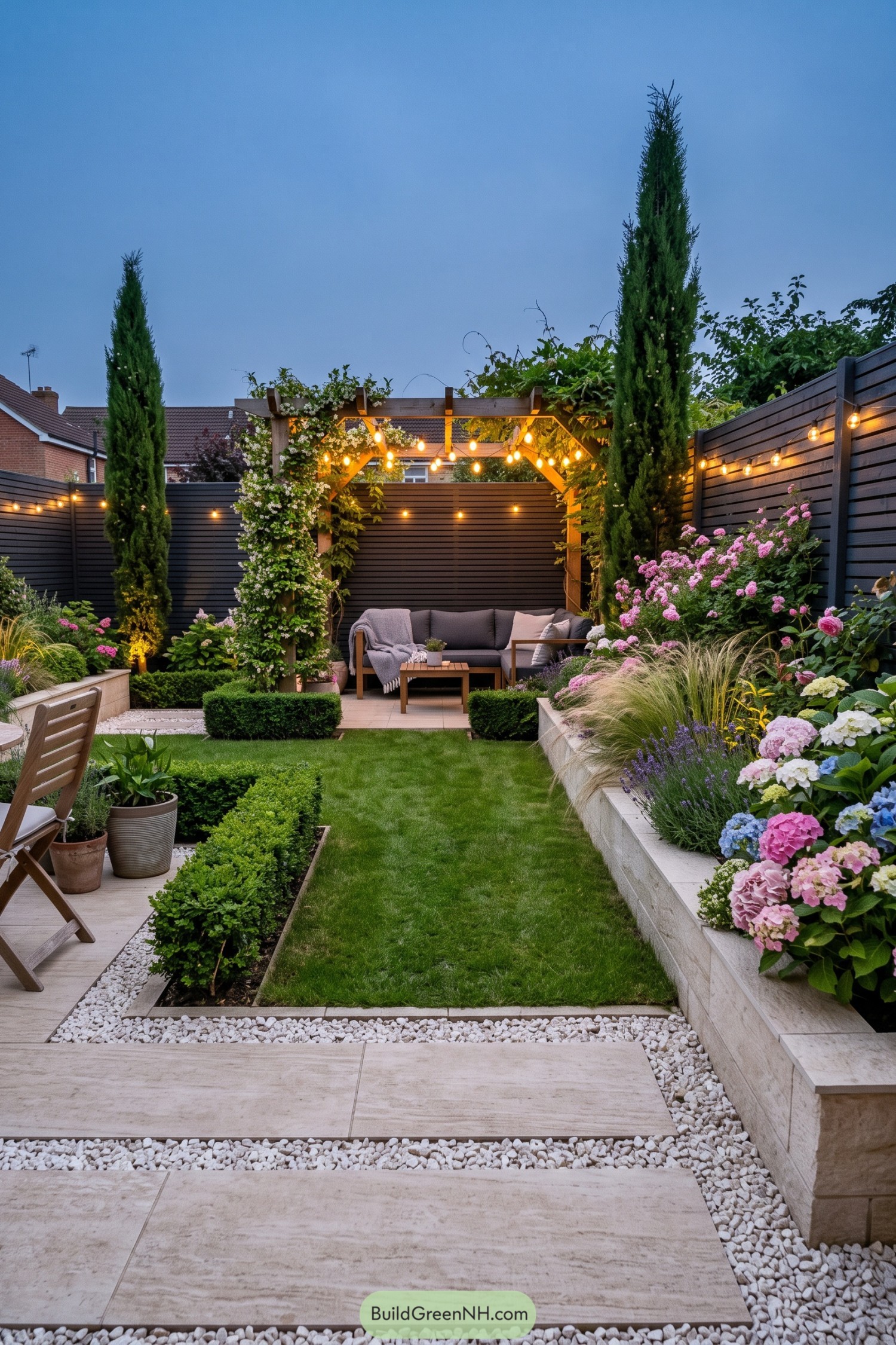 Pergola seating nook with hydrangeas and glowing string lights