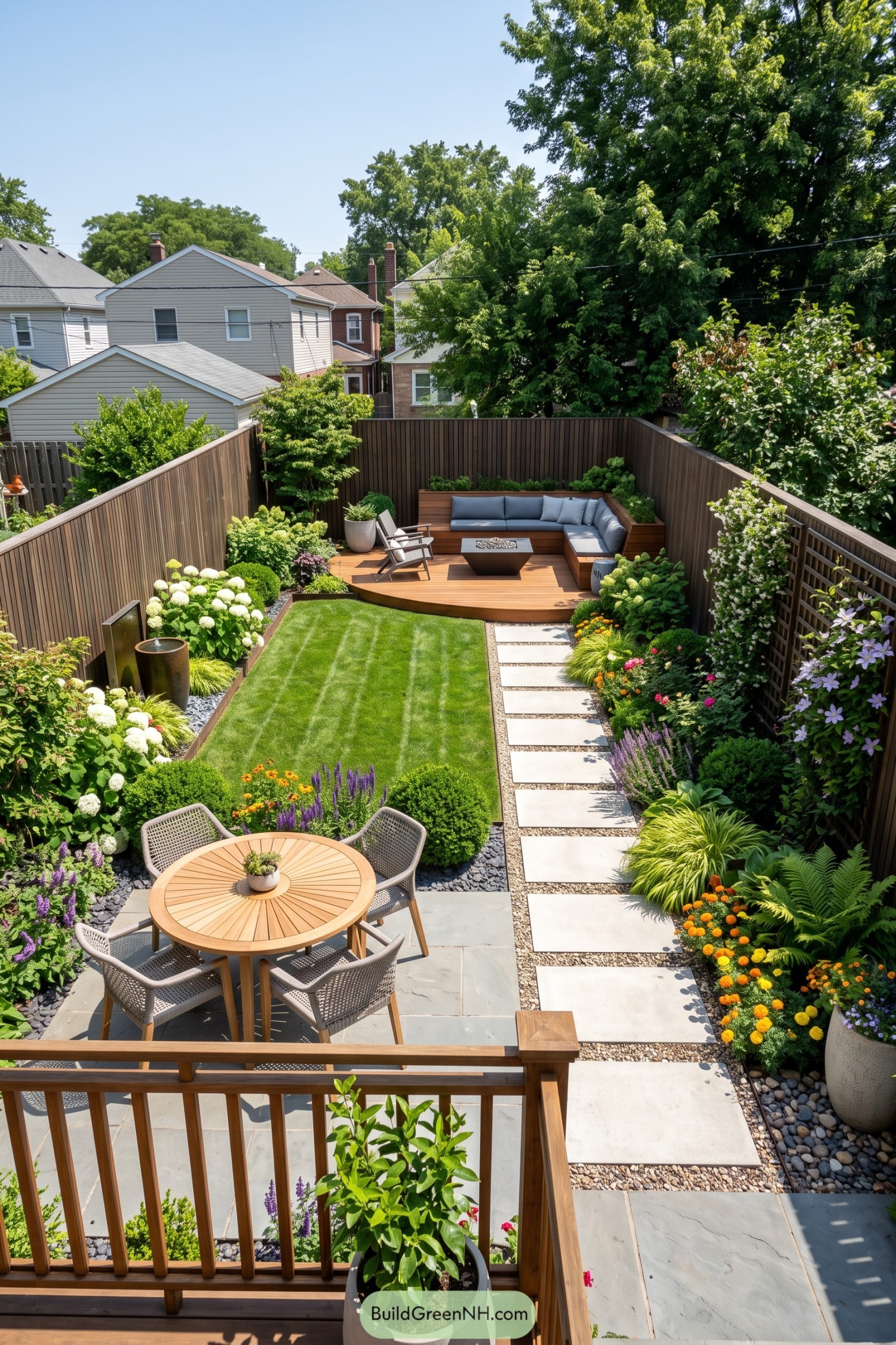 Narrow backyard with lawn path dining patio and lounge deck