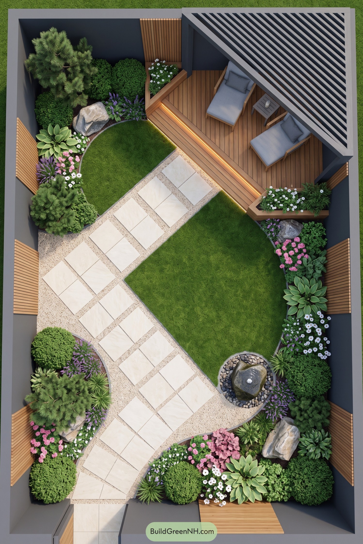 Curved stone path with lawn pergola seating and fountain