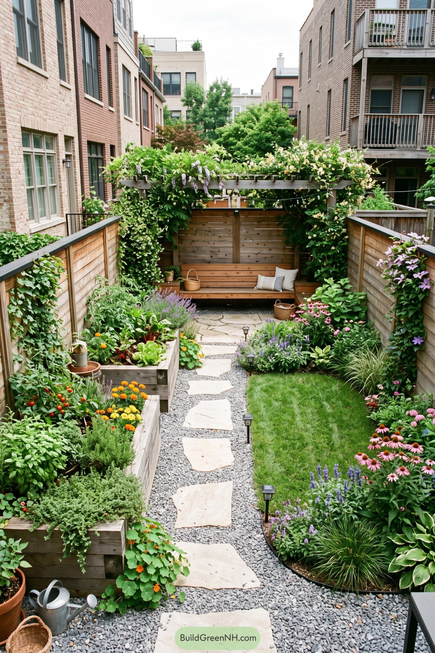 Narrow backyard garden with raised beds and pergola bench