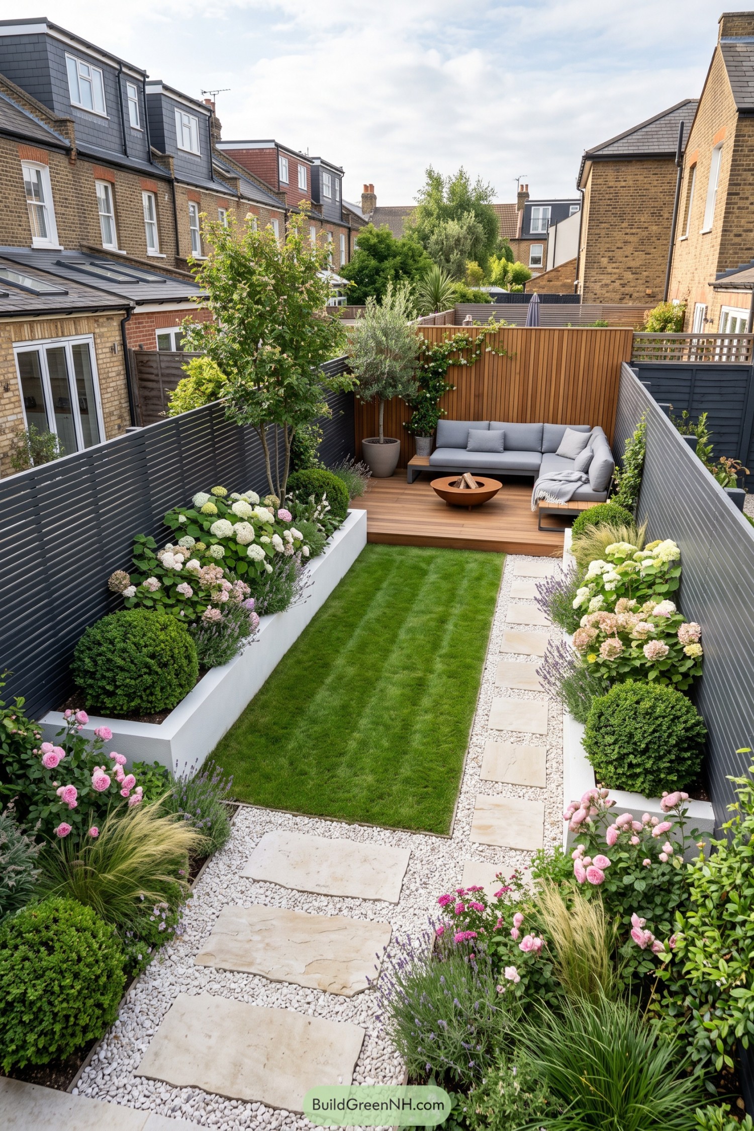 Narrow garden with lawn stone path planting and deck lounge